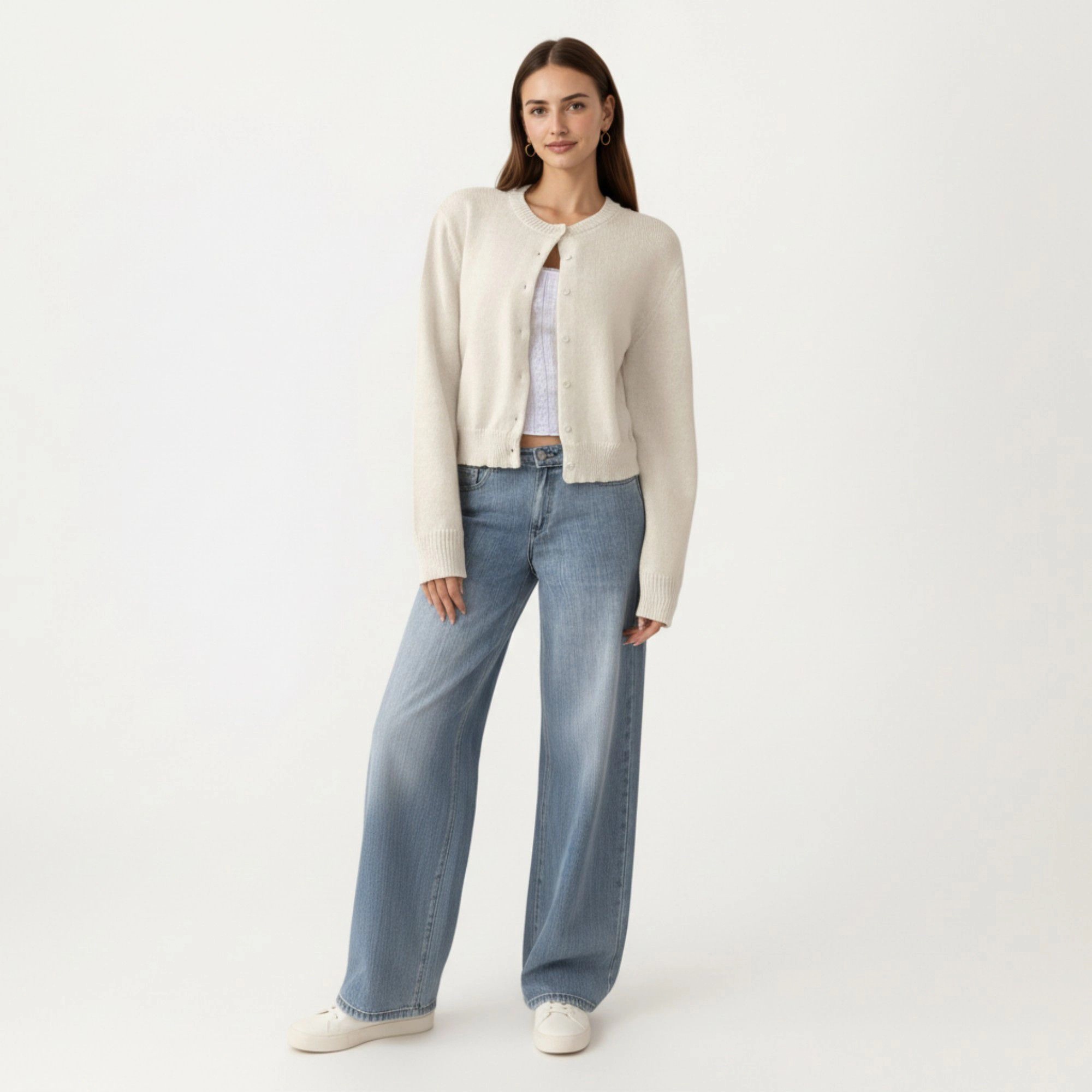 Anna-Kaci Women's Soft Knit Button Front Cropped Cardigan with Ribbed Trim Details and Relaxed Long Sleeves