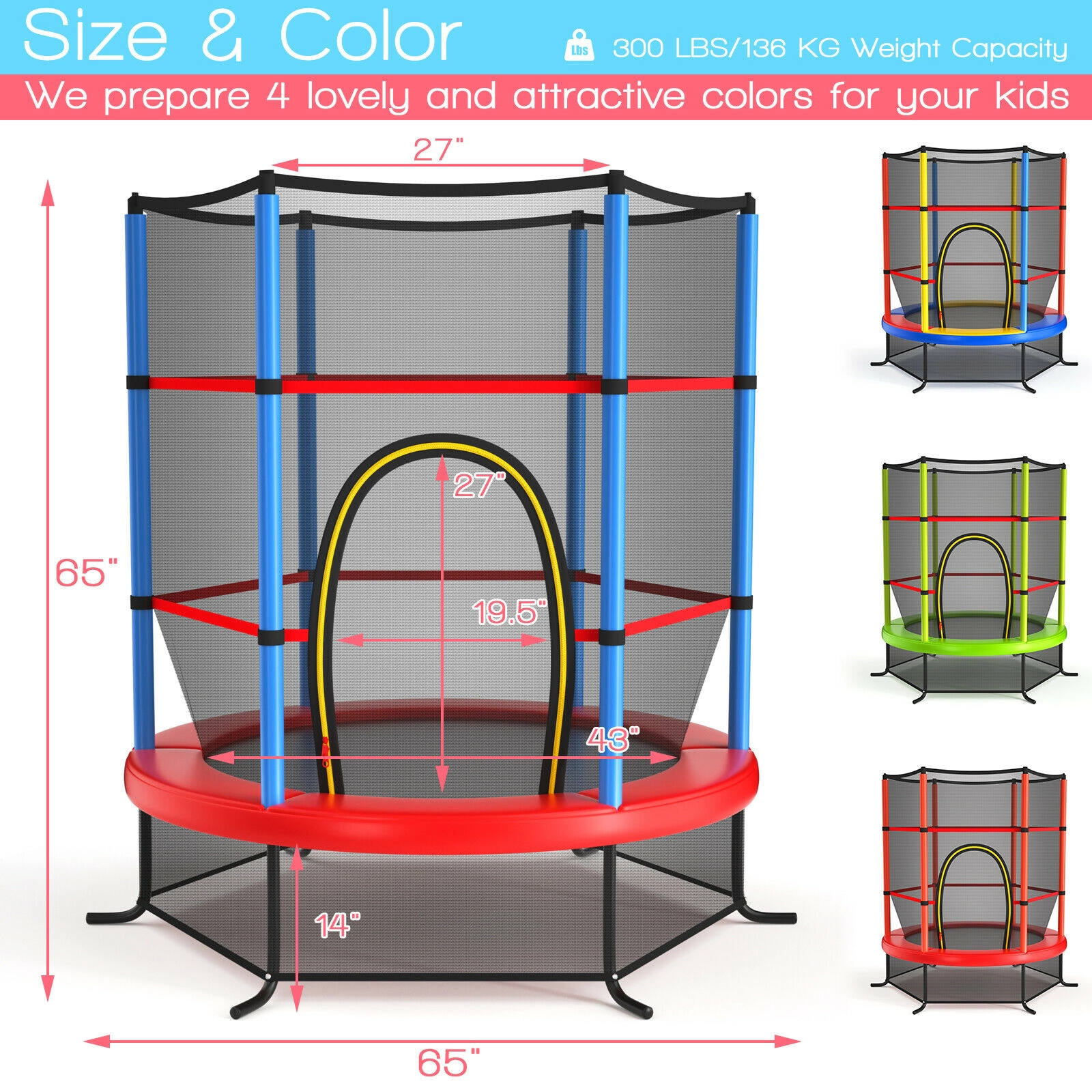 SUGIFT Kids Recreational Trampoline with Enclosure Net 300-lb Capacity Navy Jump Pad with Zippered Door & L-Shaped Legs