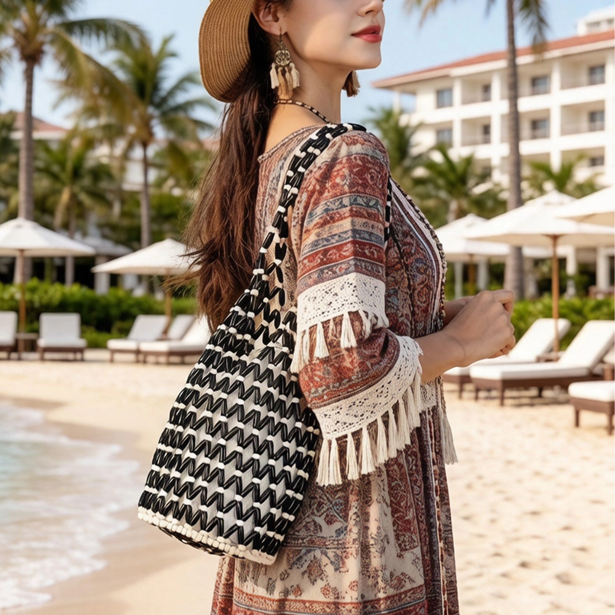 Alilang Women's Beaded Bucket Bag with Inner Pouch Open Weave Wooden Bead Shoulder Handbag Lightweight Drawstring Tote