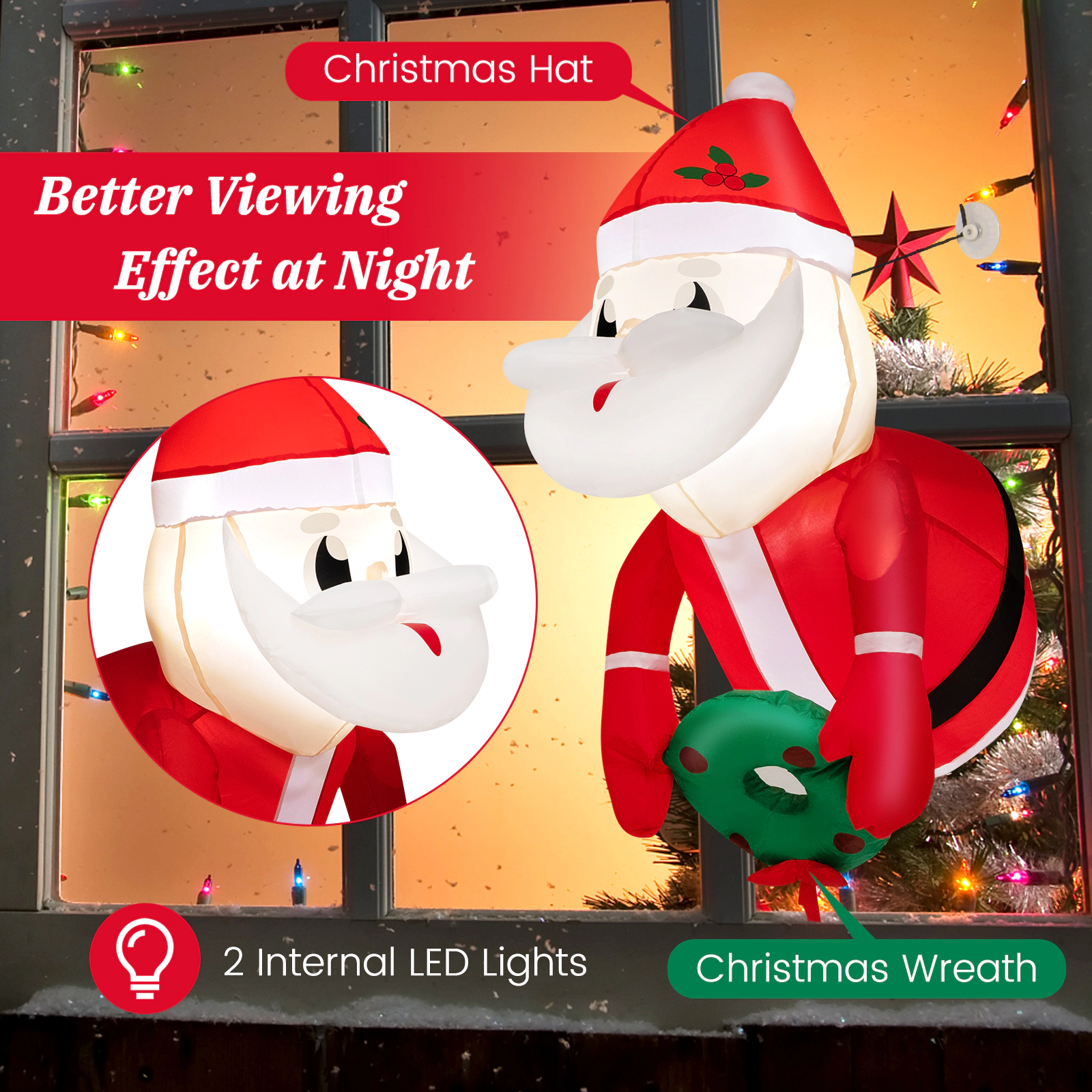 SUGIFT 3.3-ft Lighted Inflatable Santa Claus Window Decoration with Built-in Blower 0.9-lb Polyester Fabric Red