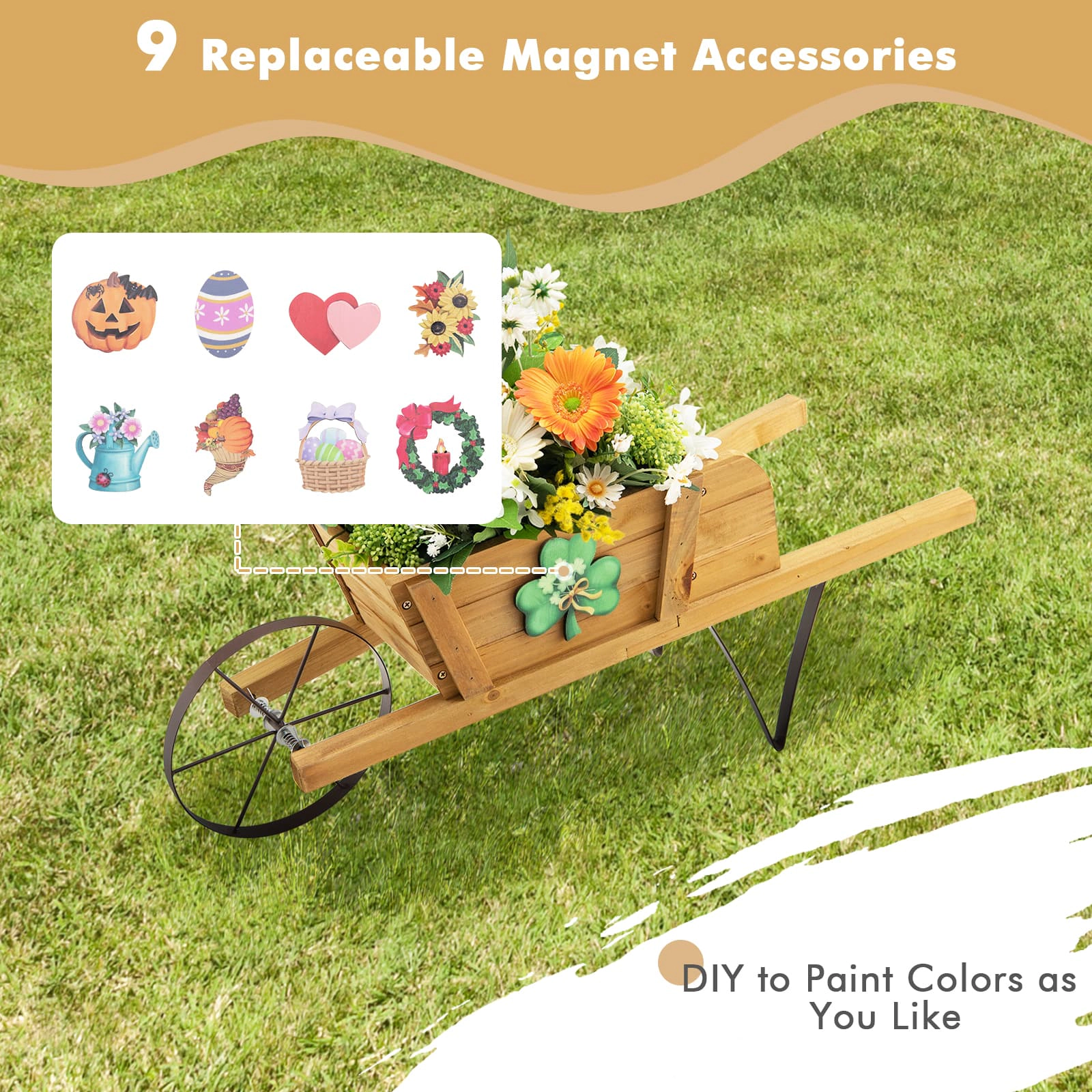 SUGIFT Wooden Wagon Planter Wheelbarrow with 9 Magnetic Accessories 11-lb Capacity Walnut/Red/Blue