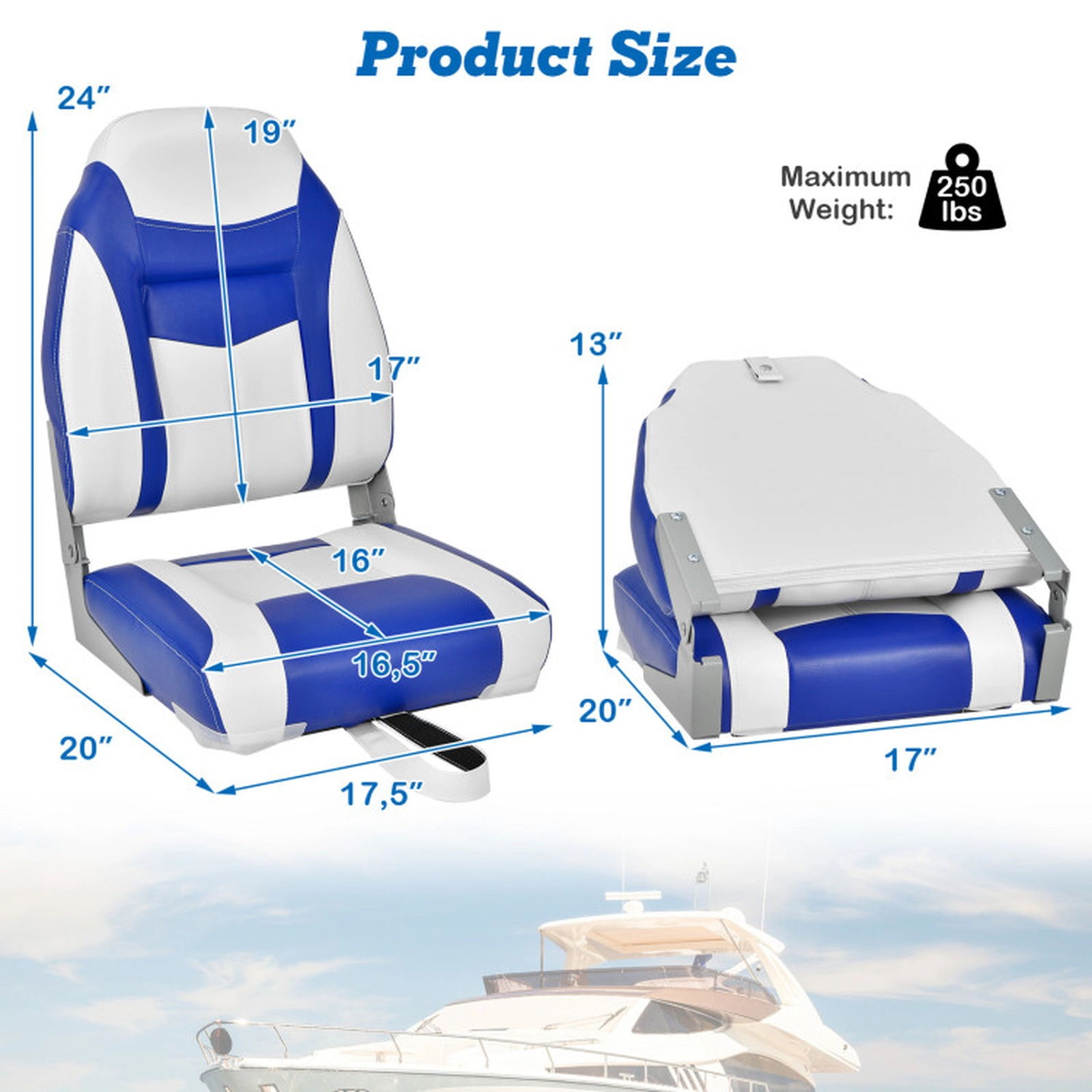 SUGIFT 250-lb Capacity High Back Padded Folding Boat Seat with Aluminum Hinges and Tie-Down Strap