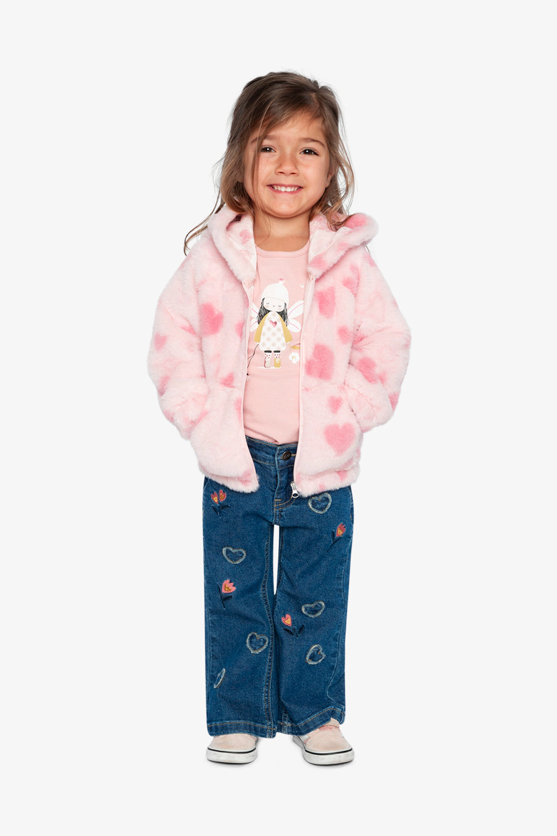 Deux par Girls Heart Jacquard Hooded Full Zip Faux Fur Jacket