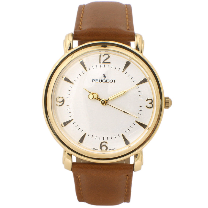 Peugeot Men 38mm Gold Retro Design Calf Skin Leather Strap watch