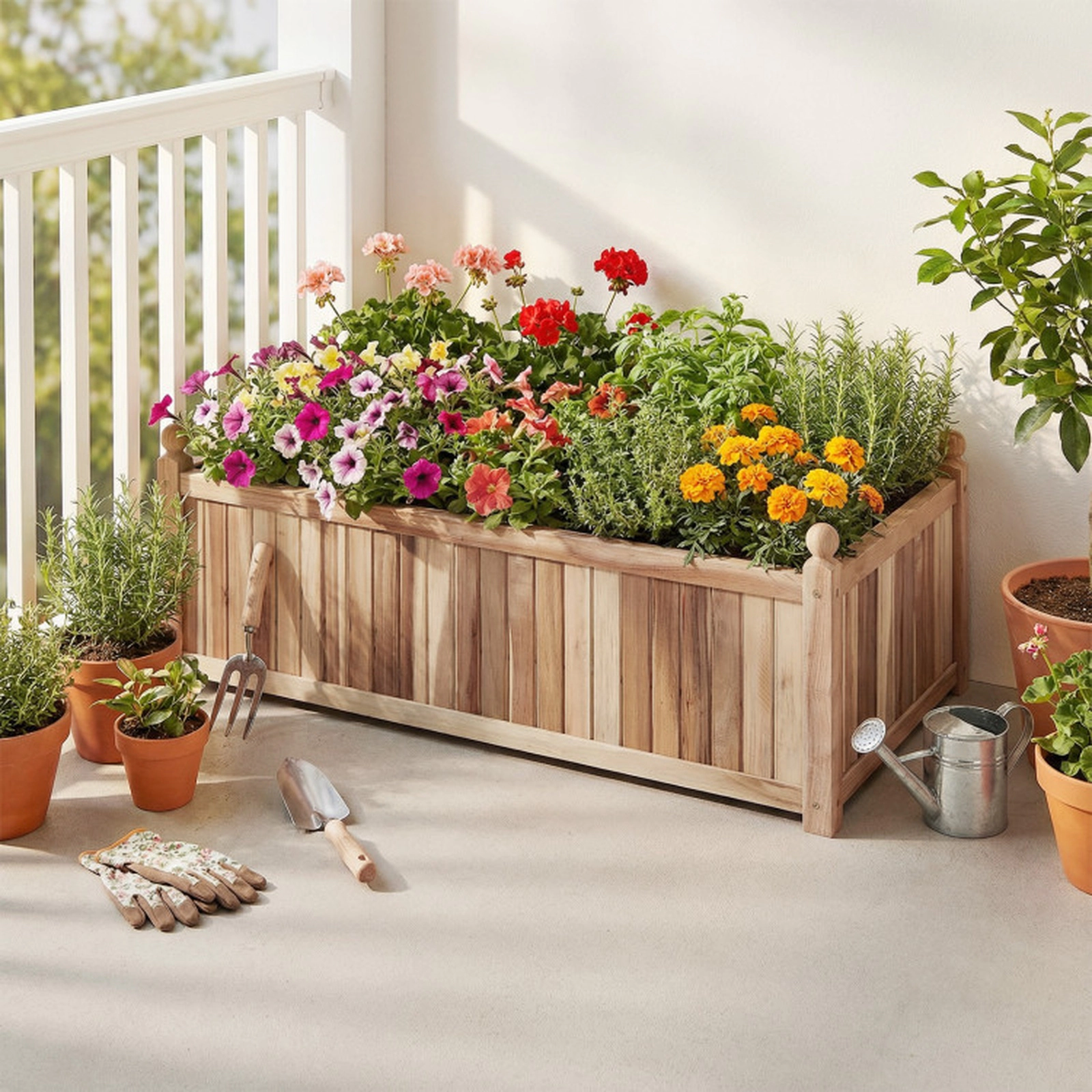 SUGIFT 110-lb Capacity 44-in Acacia Wood Rectangular Raised Garden Bed Planter Box with Liner and Detachable Base