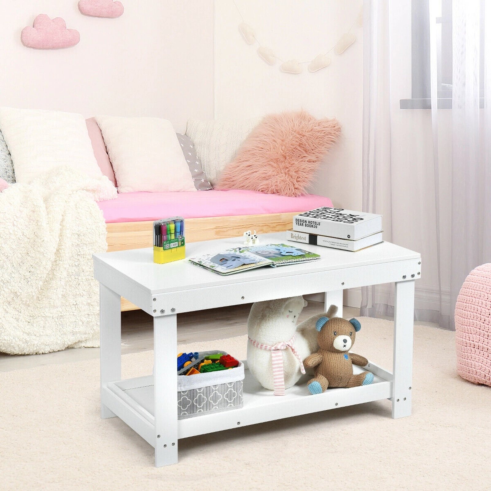 SUGIFT Kids Activity Table, White Solid Pine, 32.5 x 17 in, Removable Shelf