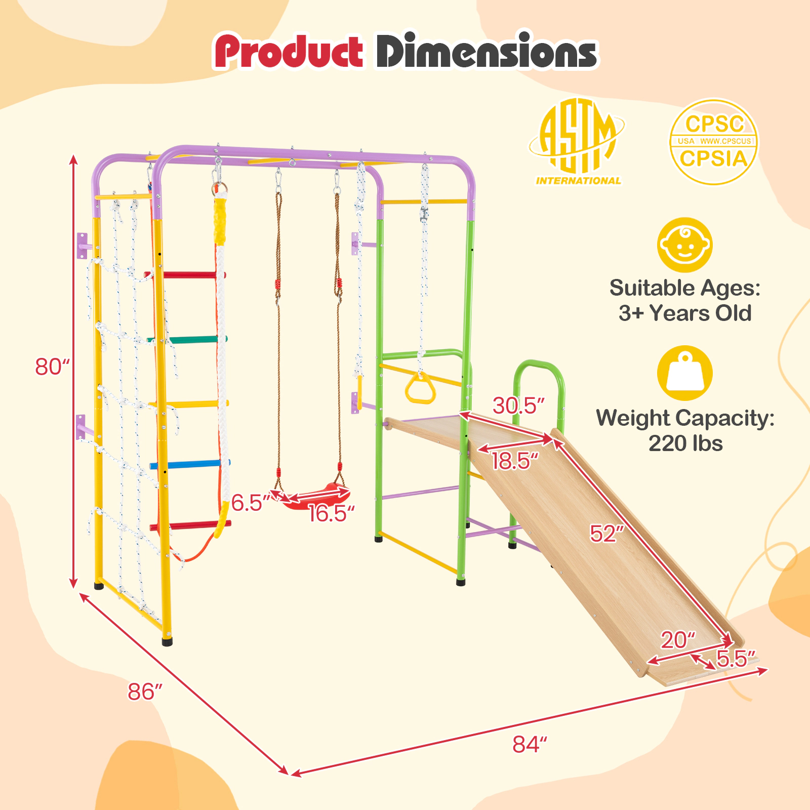 LJG Kids Metal Indoor Jungle Gym 8-in-1 Climbing Playset with Monkey Bars