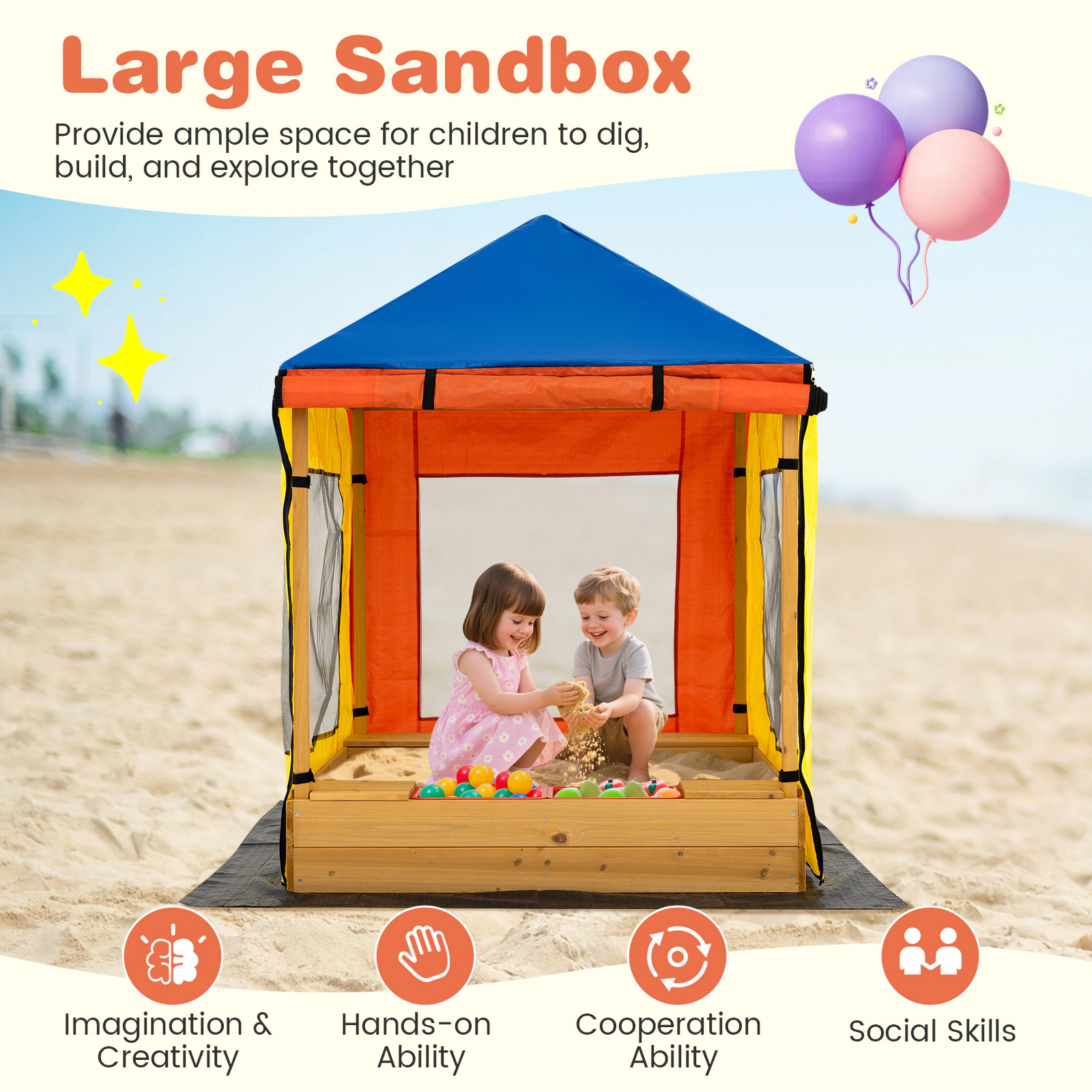 SUGIFT Multicolor Full Canopy Mesh Windows and Bottom Liner Kids Wooden Sandbox