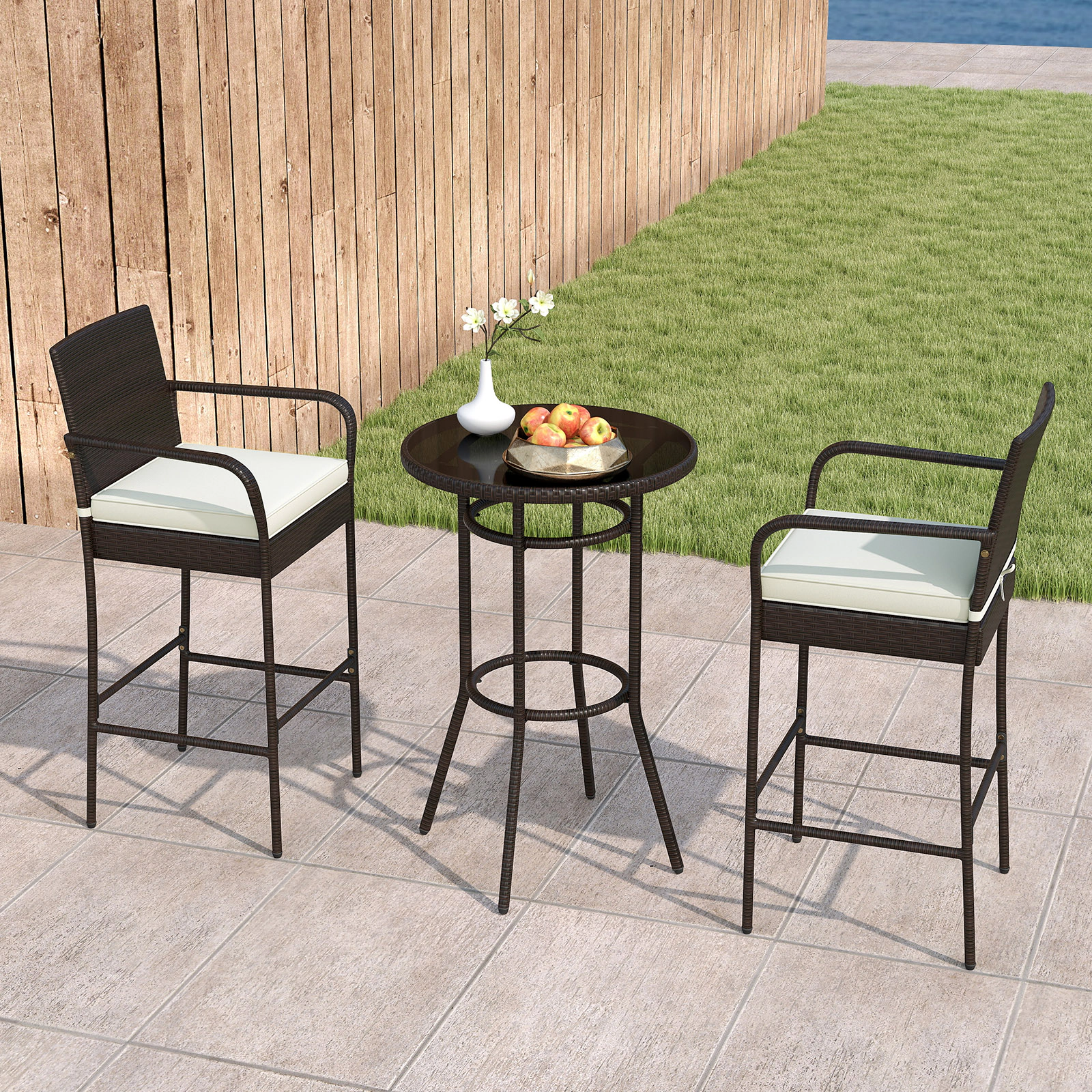 LJG Patio Rattan Bar Height Table and Chairs with 2 Seat Cushions for Porch