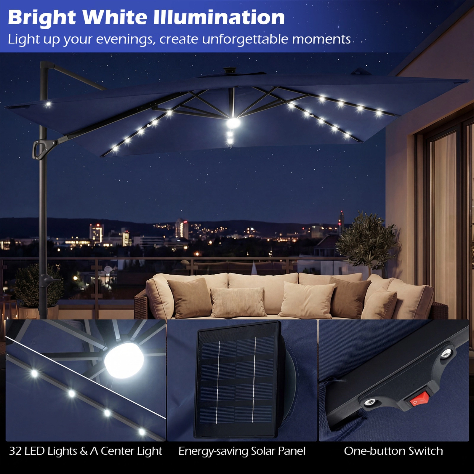 SUGIFT 10-ft Cantilever Patio Umbrella with Solar LED Lights and 2-Tier Vented Canopy for Pool and Garden Navy Blue