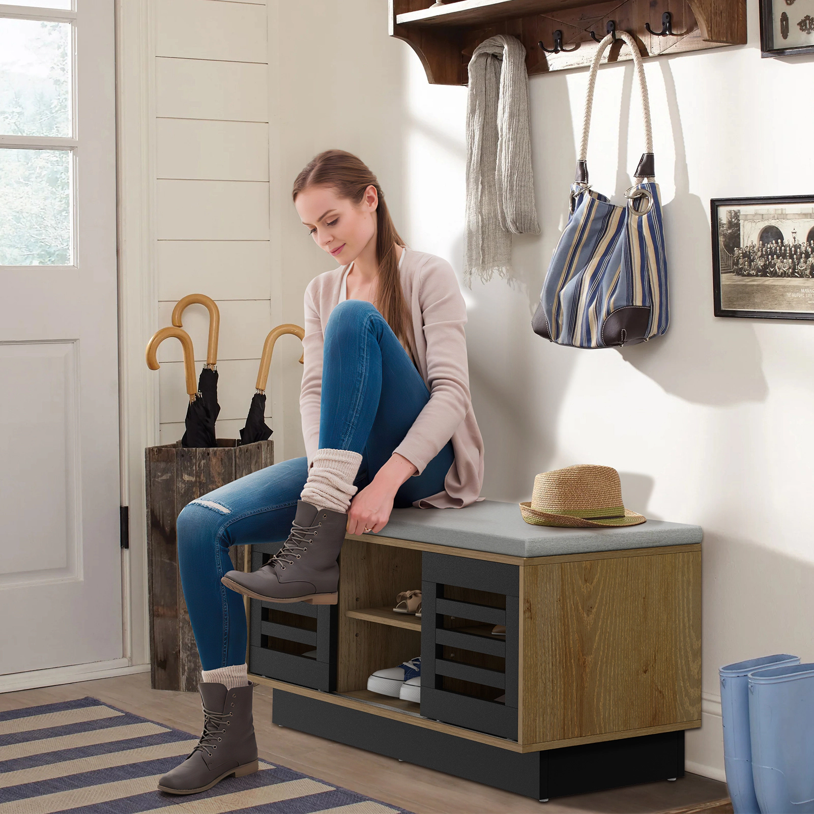 SUGIFT 39-in Shoe Storage Bench with 2 Sliding Doors 6 Compartments and Cushioned Entryway Window Seat