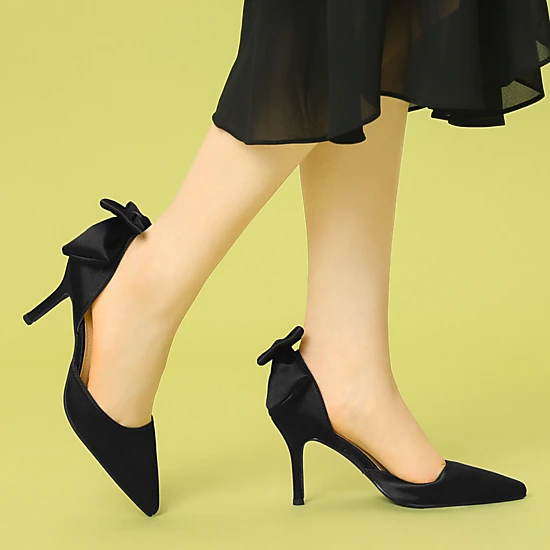 BLISSFUL STEP Women's Pointed Toe Bow Satin Stiletto Heels Pumps