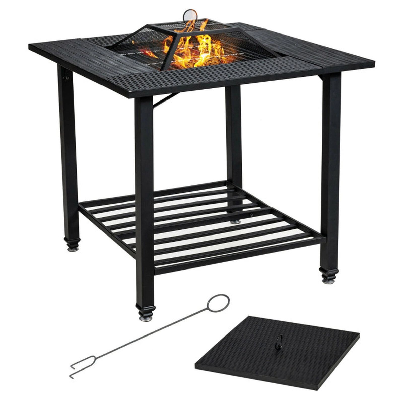 SUGIFT Square Black Fire Pit Dining Table with Grill Grate and Lid 31-in W 31-in D 31-in H 44-lb Tabletop Capacity