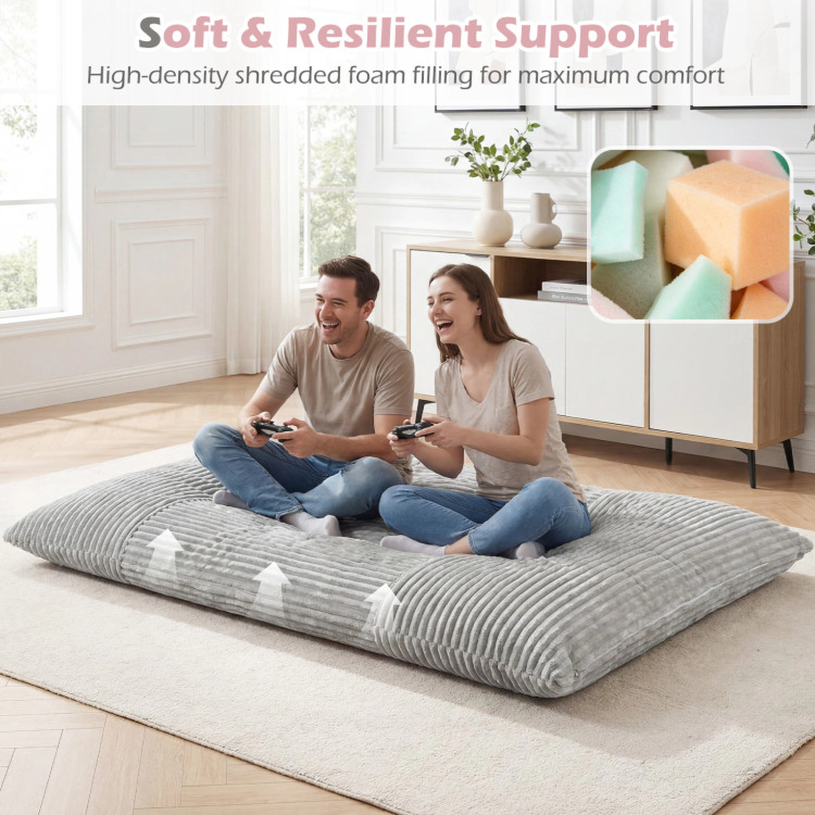 SUGIFT Convertible Bean Bag Floor Sofa and Bed Accent Chair with Machine-Washable Corduroy Cover 76.5-in Long Gray