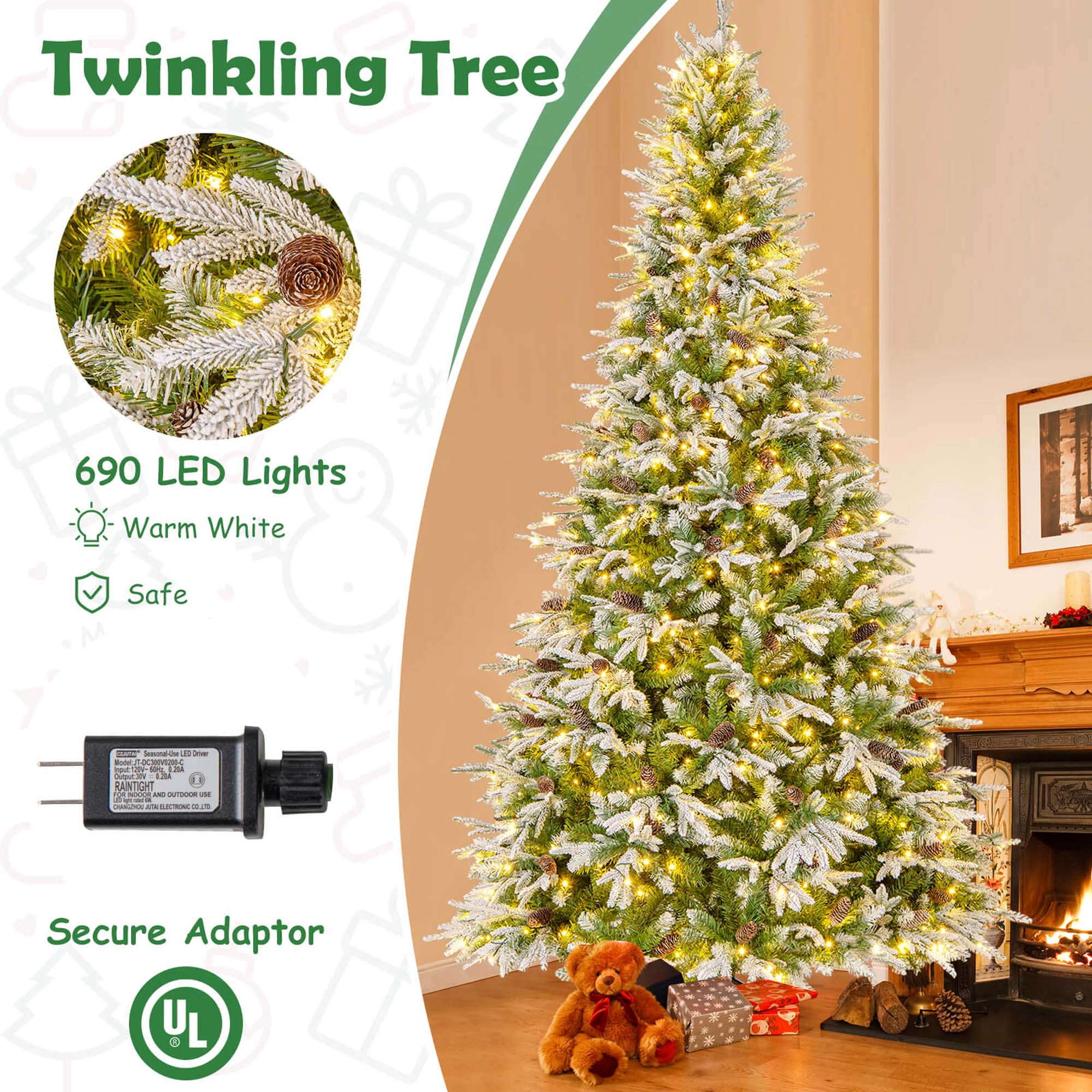 Costway 6/7.5/9 FT Artificial Christmas Tree Hinged Xmas Tree with 765/1135/1871 Branch Tips 280/470/690 Lights