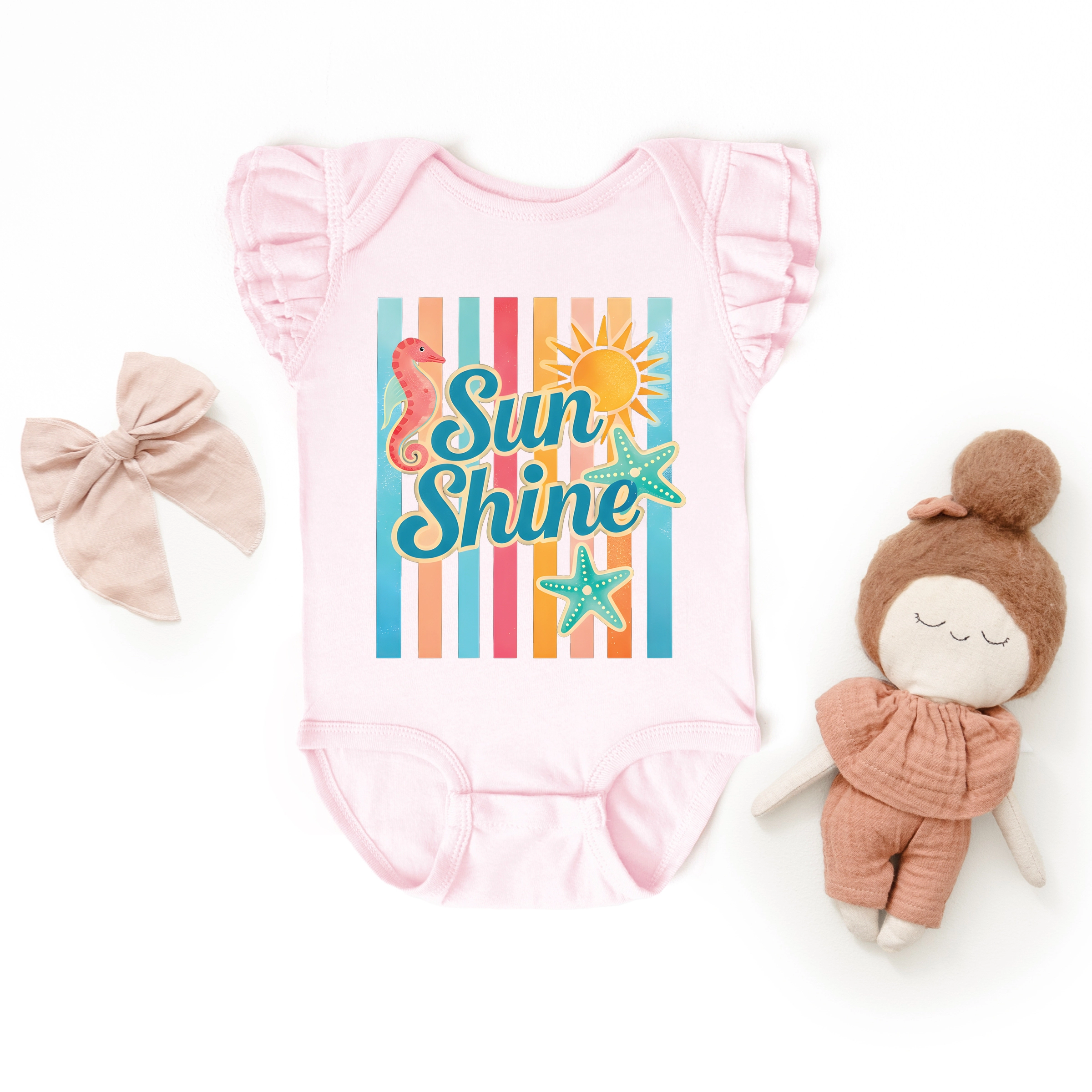 The Juniper Shop - Sunshine Seahorse Stripes Baby Flutter Sleeve Bodysuit