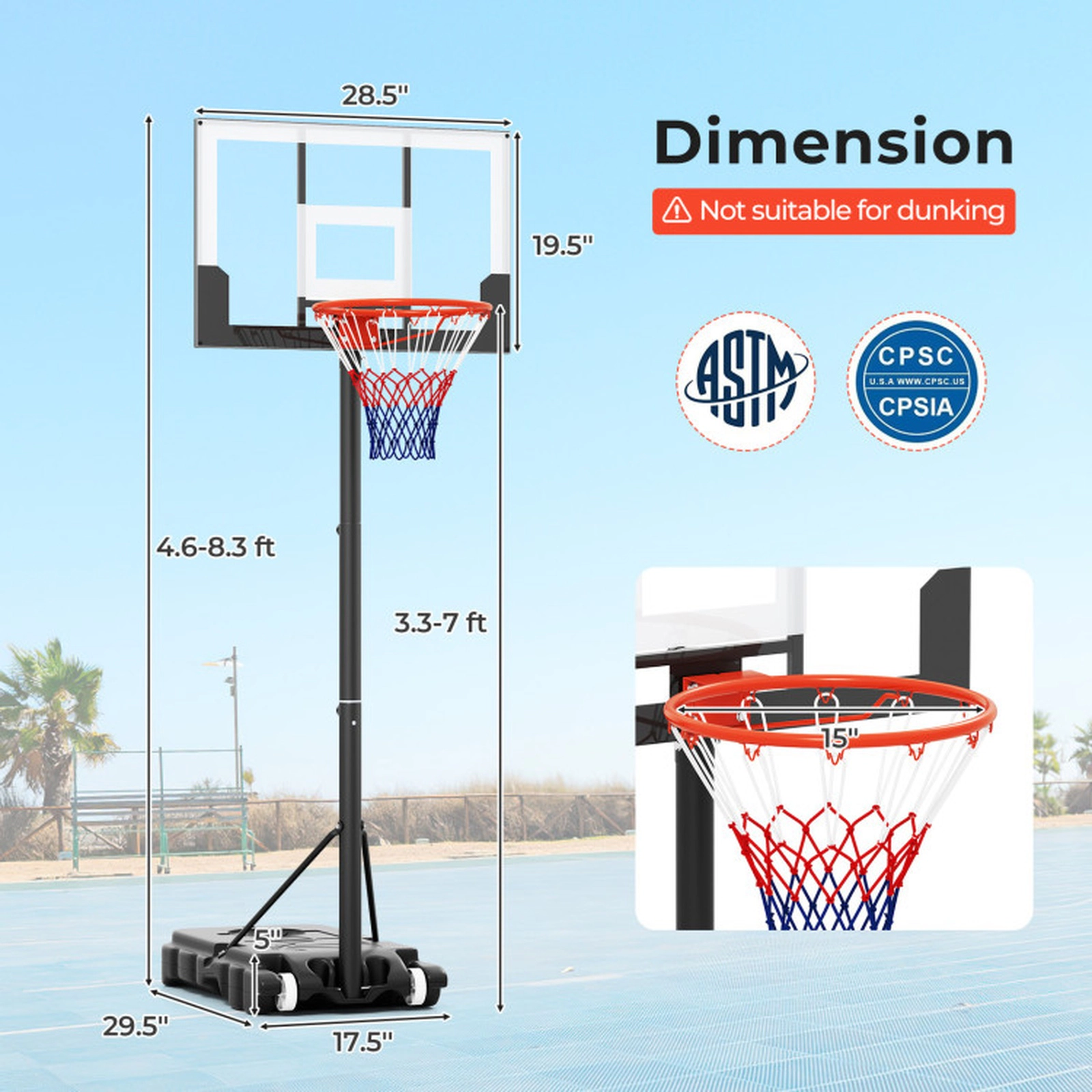 SUGIFT 3.3-7 ft Adjustable Kids Basketball Hoop Goal System with Shatterproof PC Backboard White+Black/Red+Black