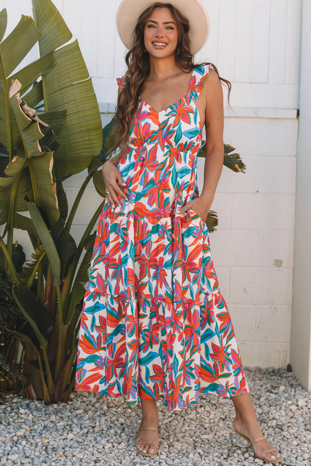Threaded Pear Women's Alice Boho Floral Ruffled Strap Maxi Dress