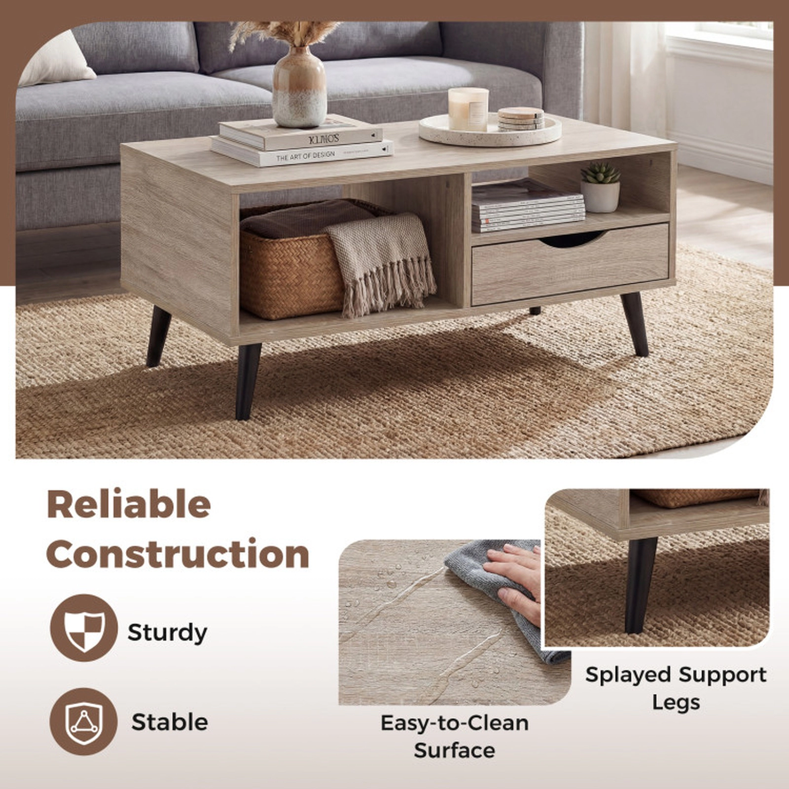 SUGIFT Storage Coffee Table Rectangle Center Table 165-lb Top Capacity Natural/Walnut