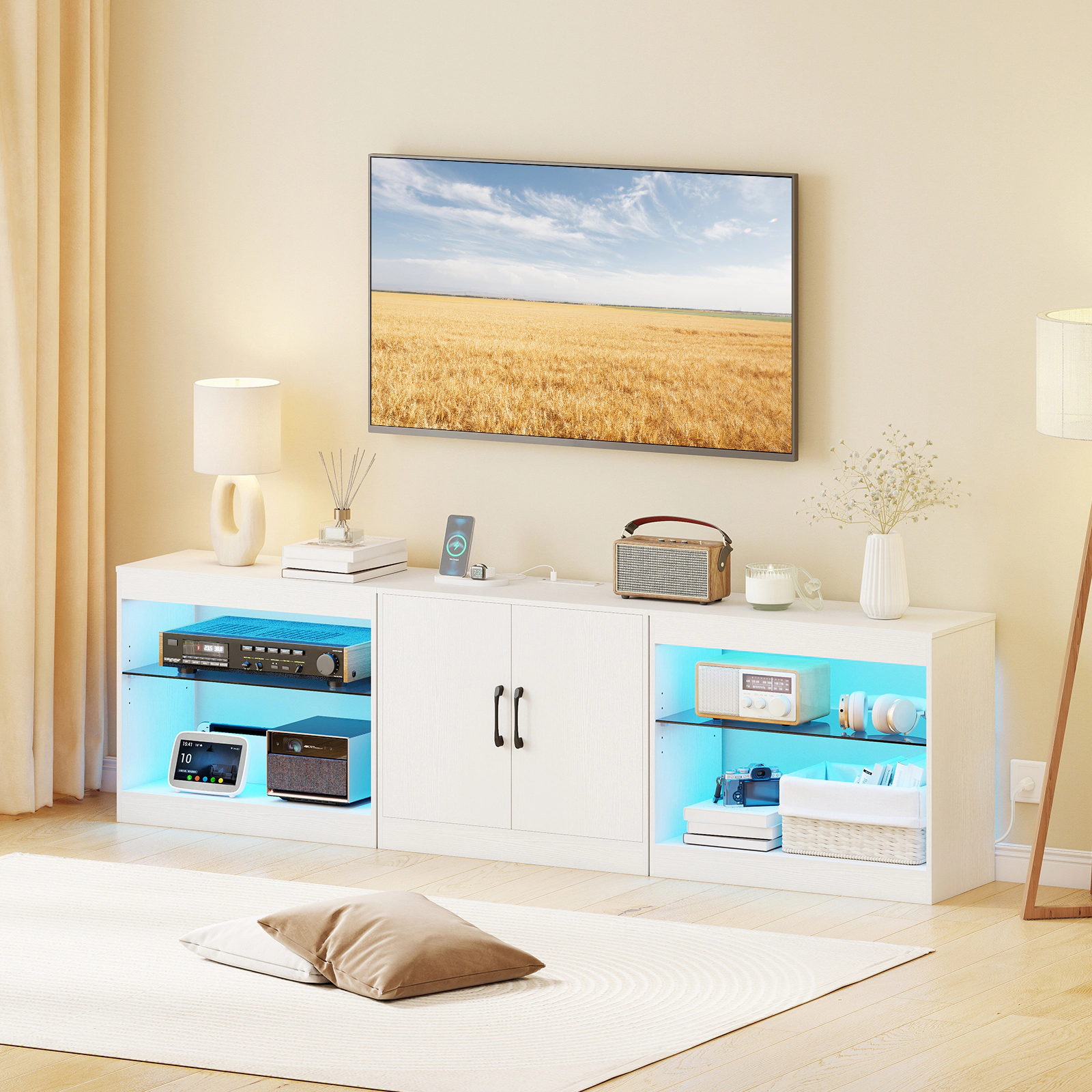 Glintex 77-Inch LED TV Stand with Glass Shelves and Charging Station, White