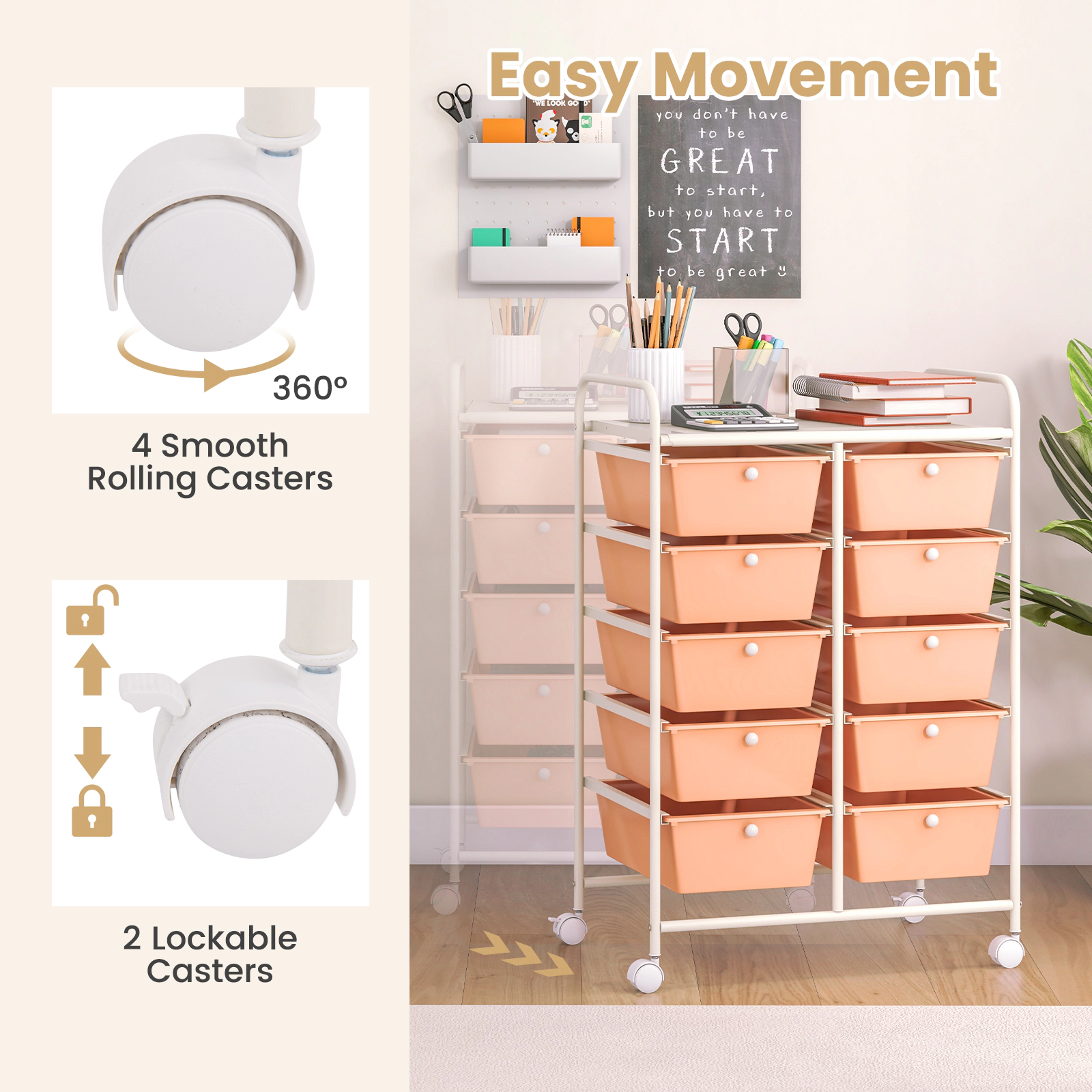 SUGIFT Peach 10-Drawer Rolling Storage Cart Organizer with 5-in Deep Bins Mesh Top Shelf and Locking Wheels