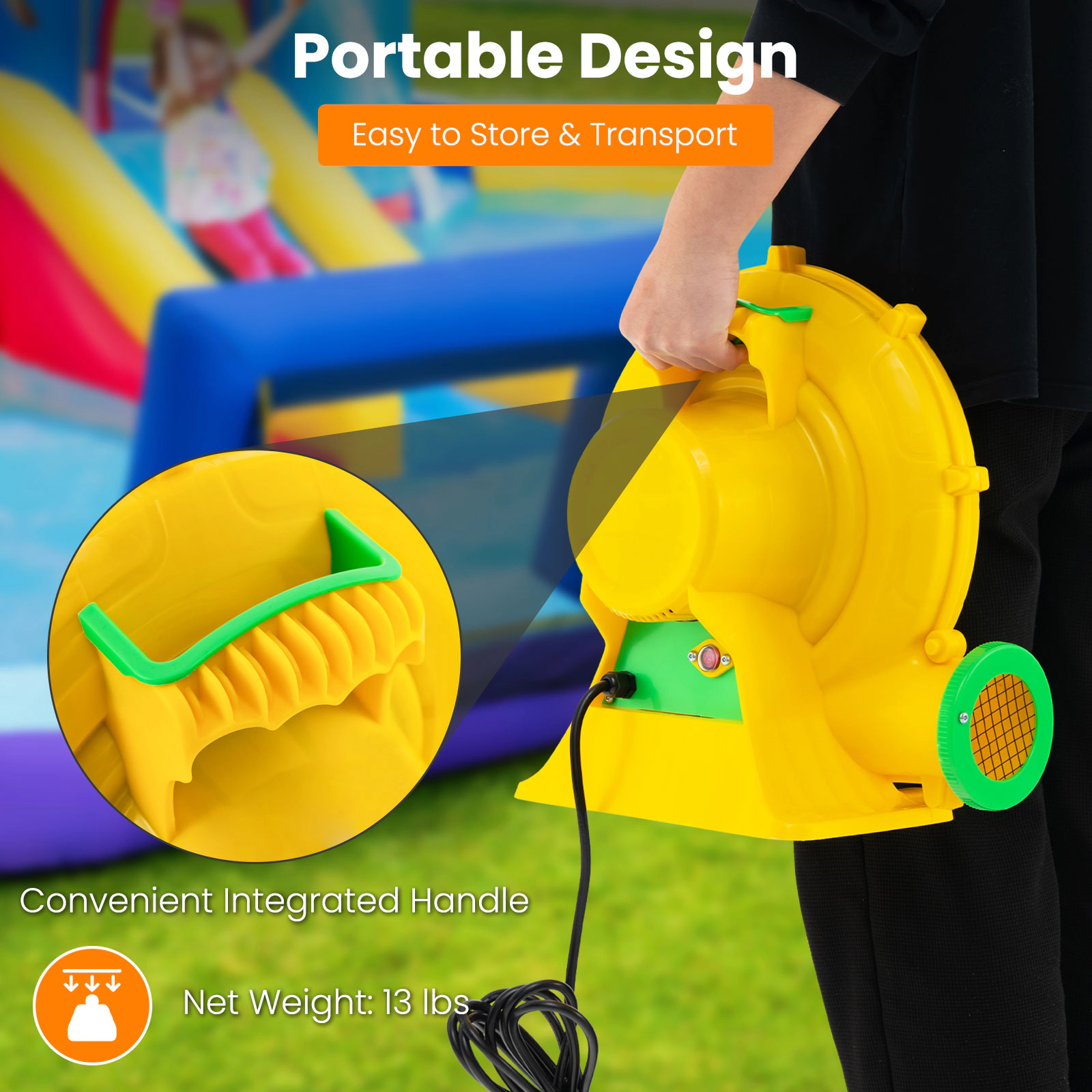 SUGIFT Yellow 680W Air Blower for Kids Bounce House with Carry Handle and 4 Ground Stakes 13-ft Power Cord