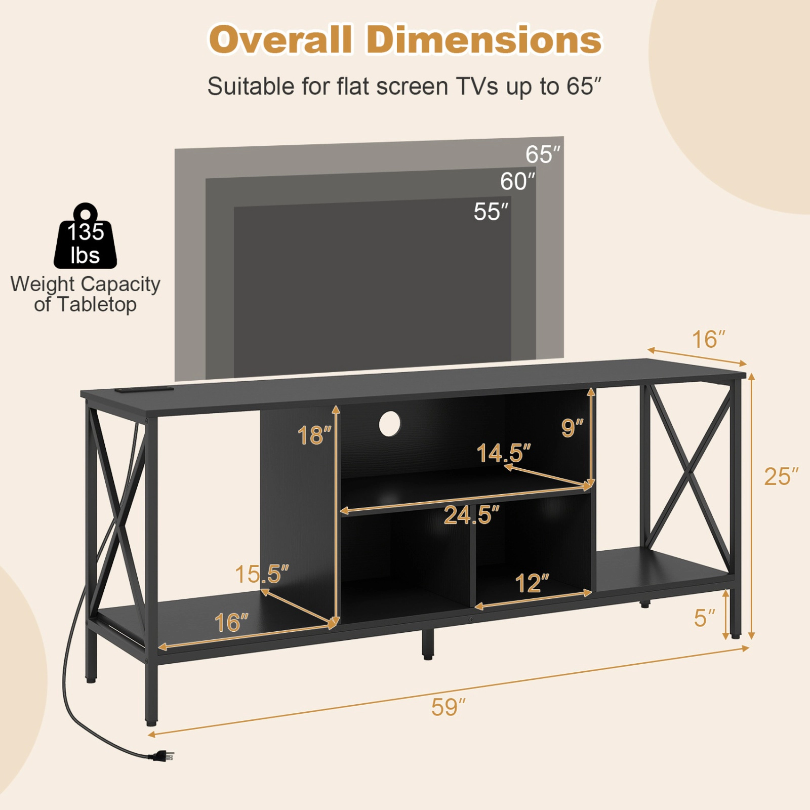 SUGIFT TV Stand with LED Lights Entertainment Center with Power Outlets for 65-In TV 132-lb Tabletop Capacity Black