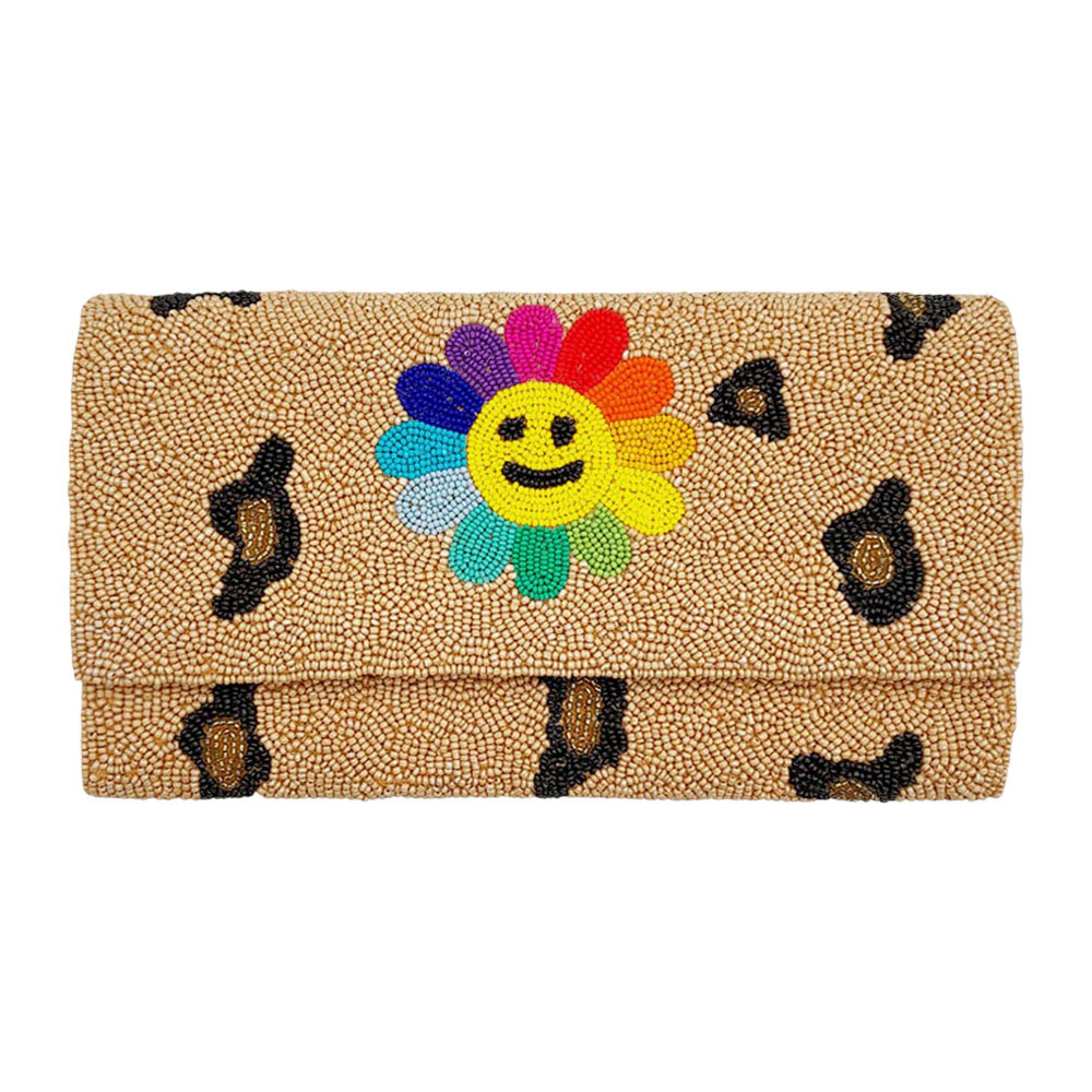 Fashnzfab Smile Flower Accented Leopard Patterned Seed Beaded Clutch / Crossbody Bag