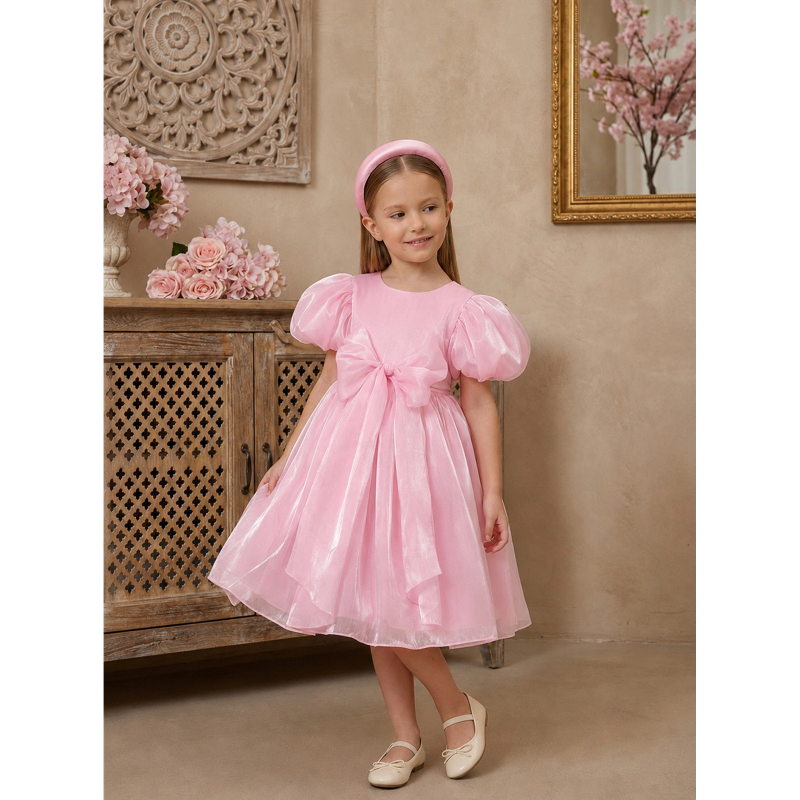 2Bunnies Girls' Glossy Organza Puff Sleeve Fit & Flare Bow Party Dress