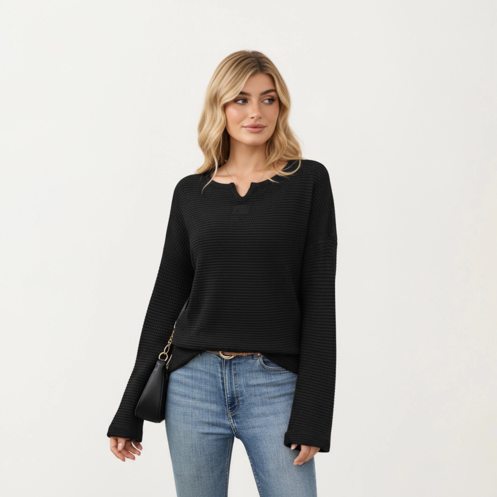 Anna-Kaci Women's Textured Split Neck Relaxed Fit Long Sleeve Knit Pullover Top