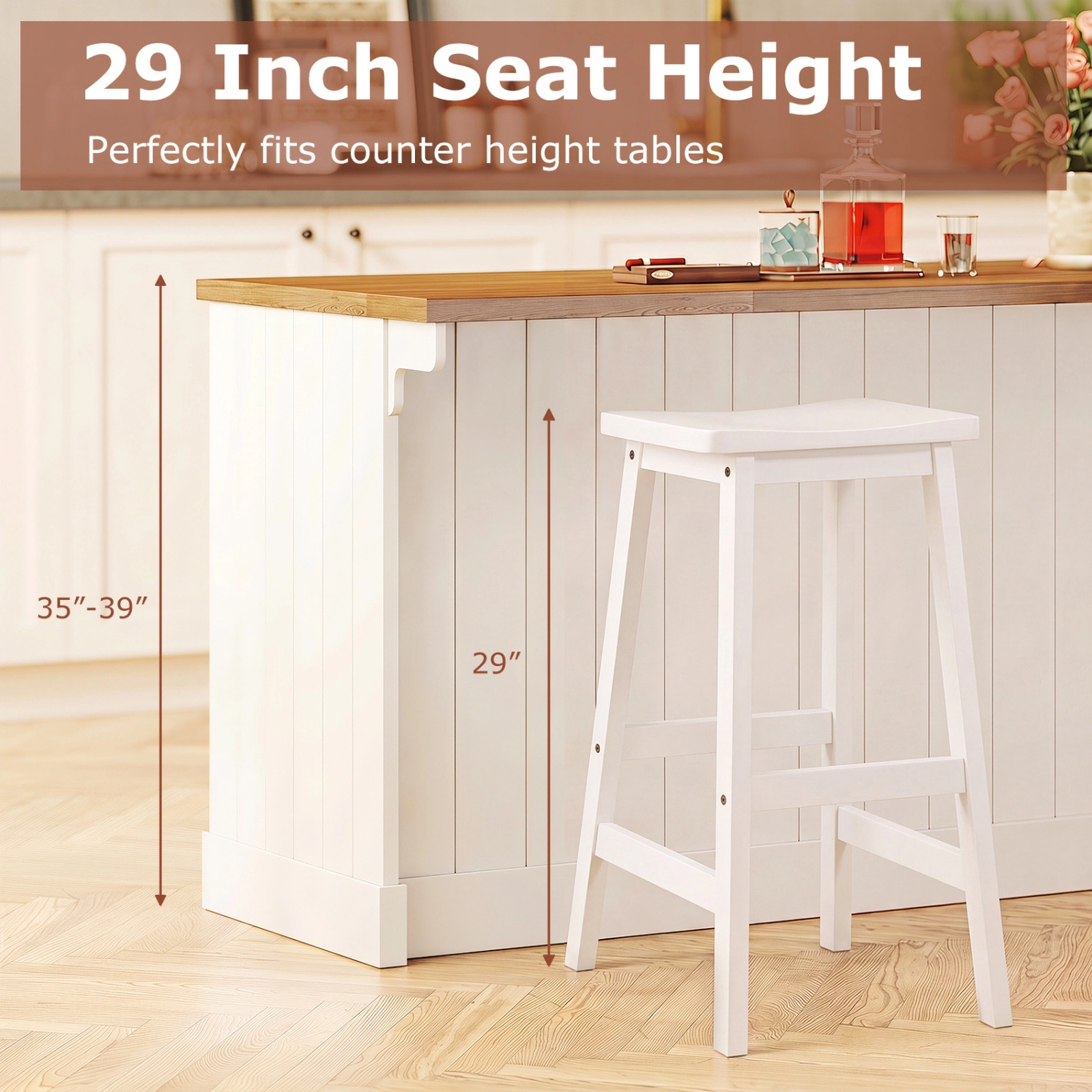 SUGIFT Footrest Set of 2 Beige 29 in Saddle Seat Bar Stools Solid Rubber Wood Backless