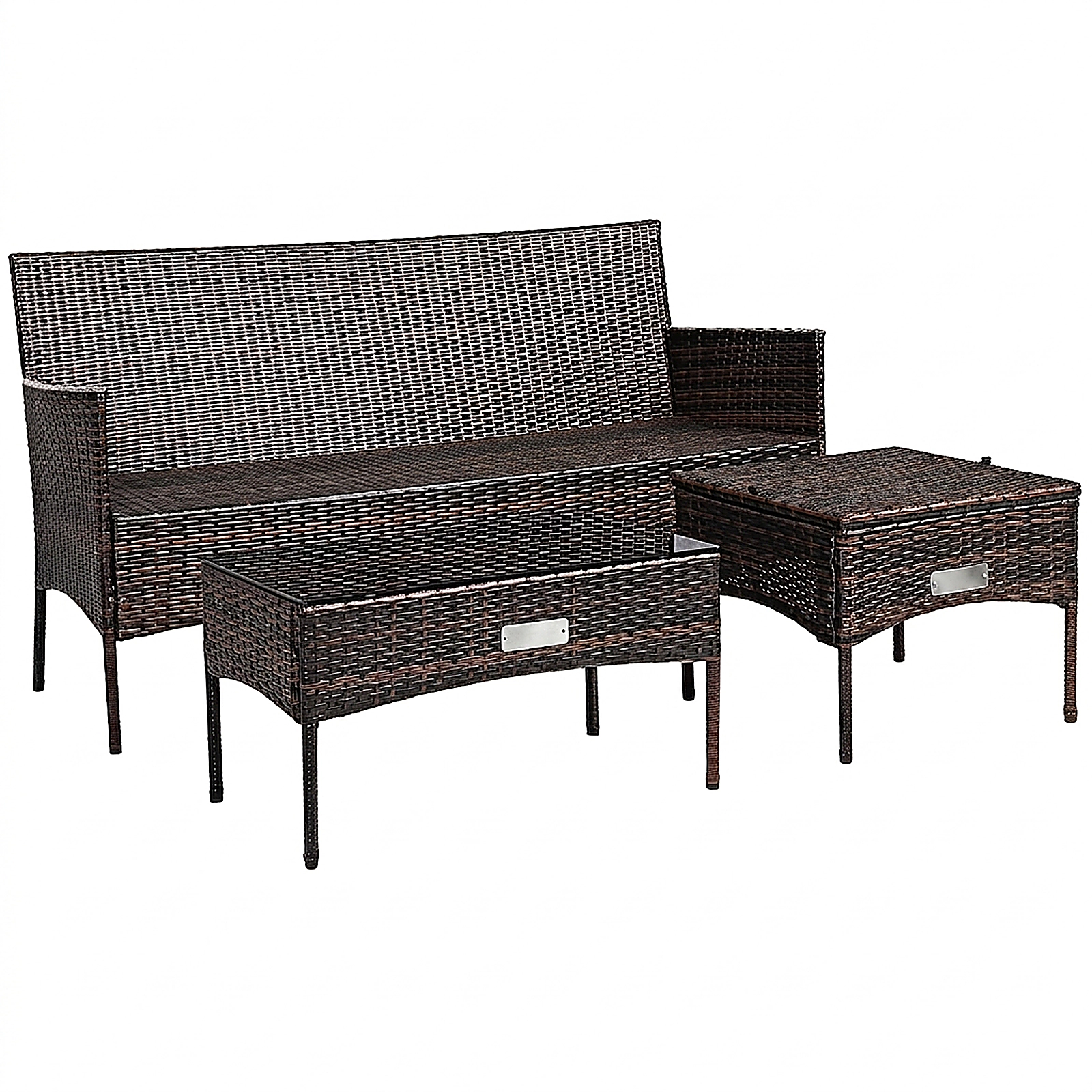 SUGIFT 3-Piece Black Rattan Outdoor Sofa Set with Ottoman, Glass Coffee Table and 5 Cushions