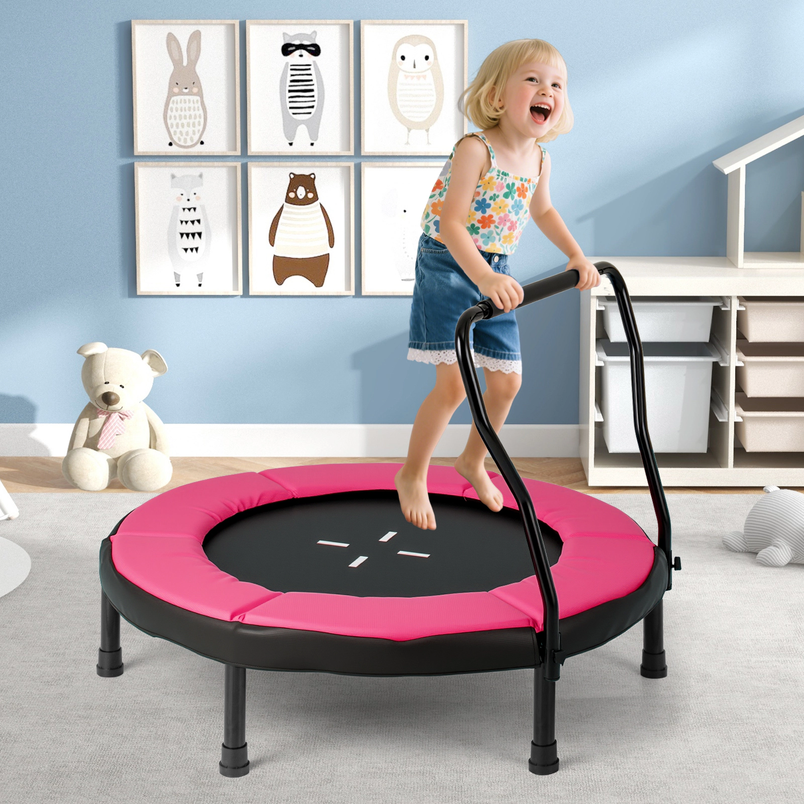40-in Small Trampoline Kids Removable Foam Handlebar Ages 3-6 Indoor Outdoor Fitness Rebounder Pink Kids Trampoline