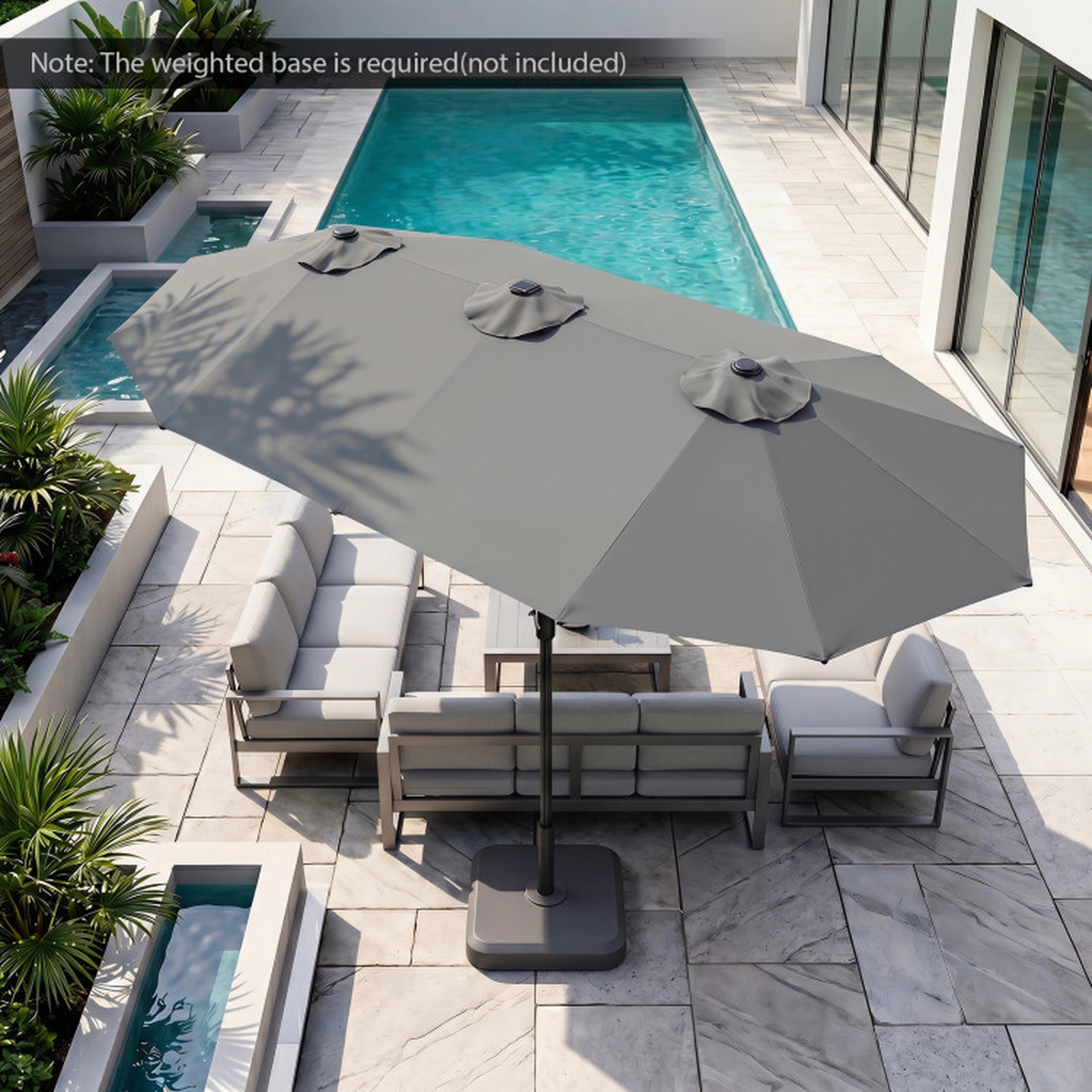 SUGIFT Solar LED Double-Sided Rectangle Patio Market Umbrella 13-ft Canopy Gray