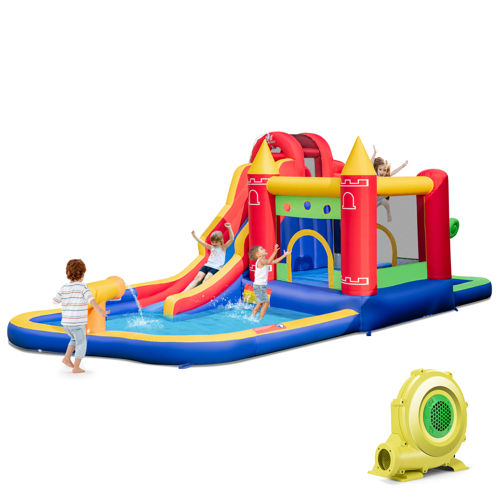 Hivvago 9-in-1 Inflatable Bounce Castle with Water Slide and Splash Pool with 735W Blower