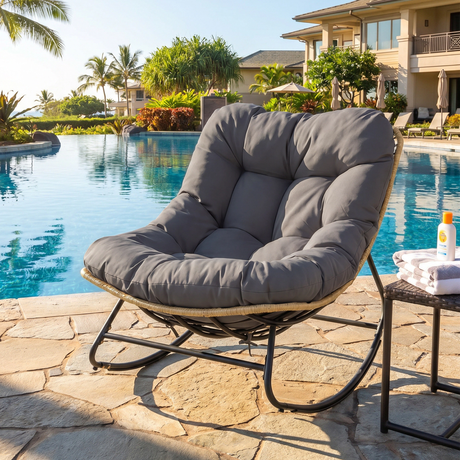 LJG Outdoor Papasan Rocking Chair with Thick Cushioned Seat for Patio