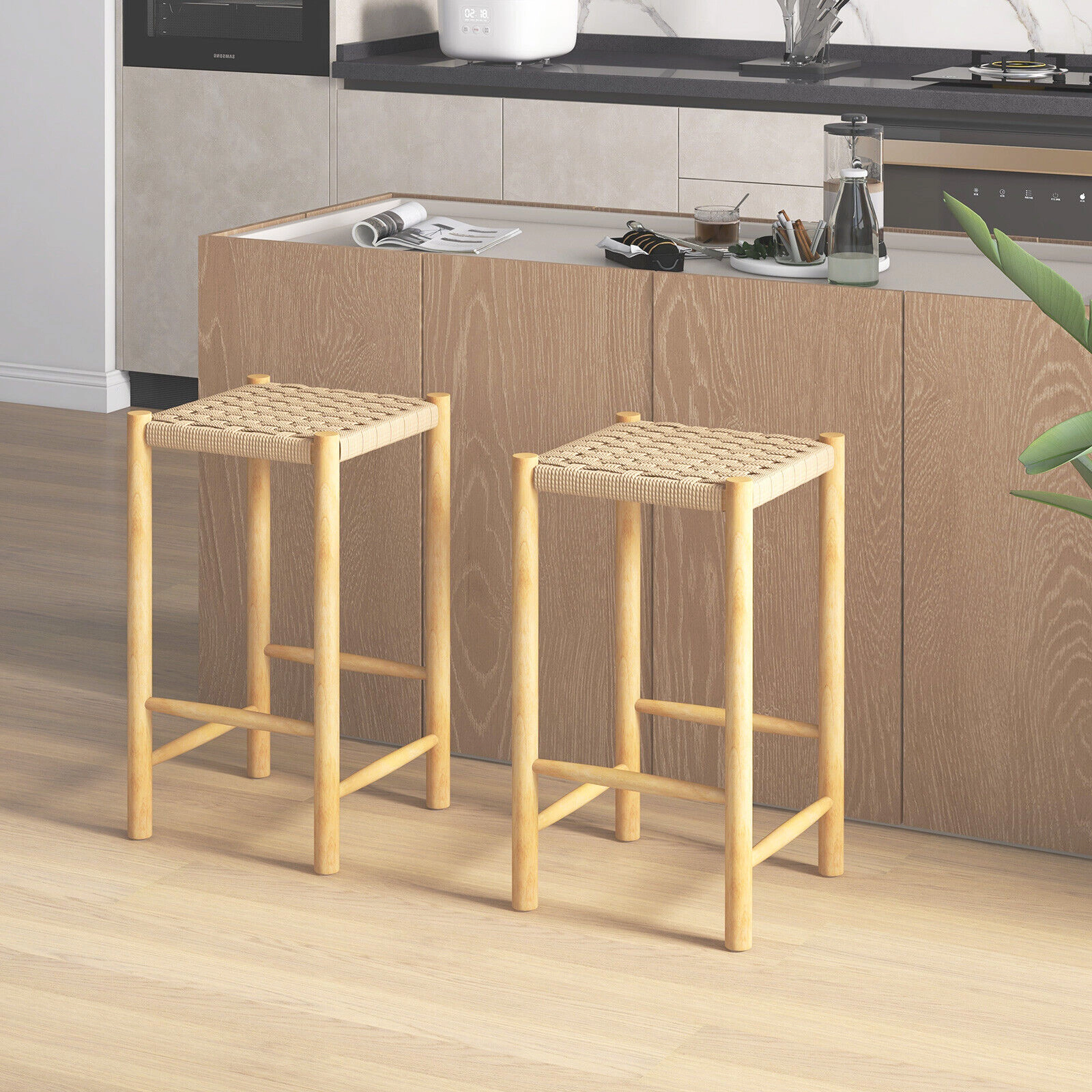 SUGIFT Woven Paper Rope Seat 330-lb Set of 2 Natural Rubber Wood Bar Stools