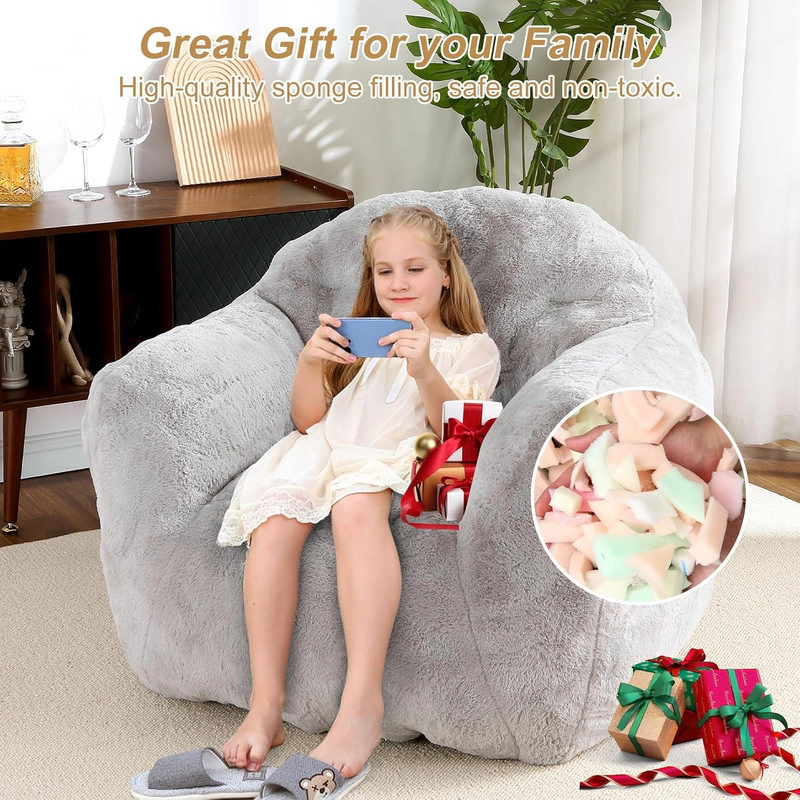 Bean Bag Chair, Comfy Bean Bag Sofa for Adults and Kids, Stuffed Sofa for Living Room Bedroom Apartment, Light Gray