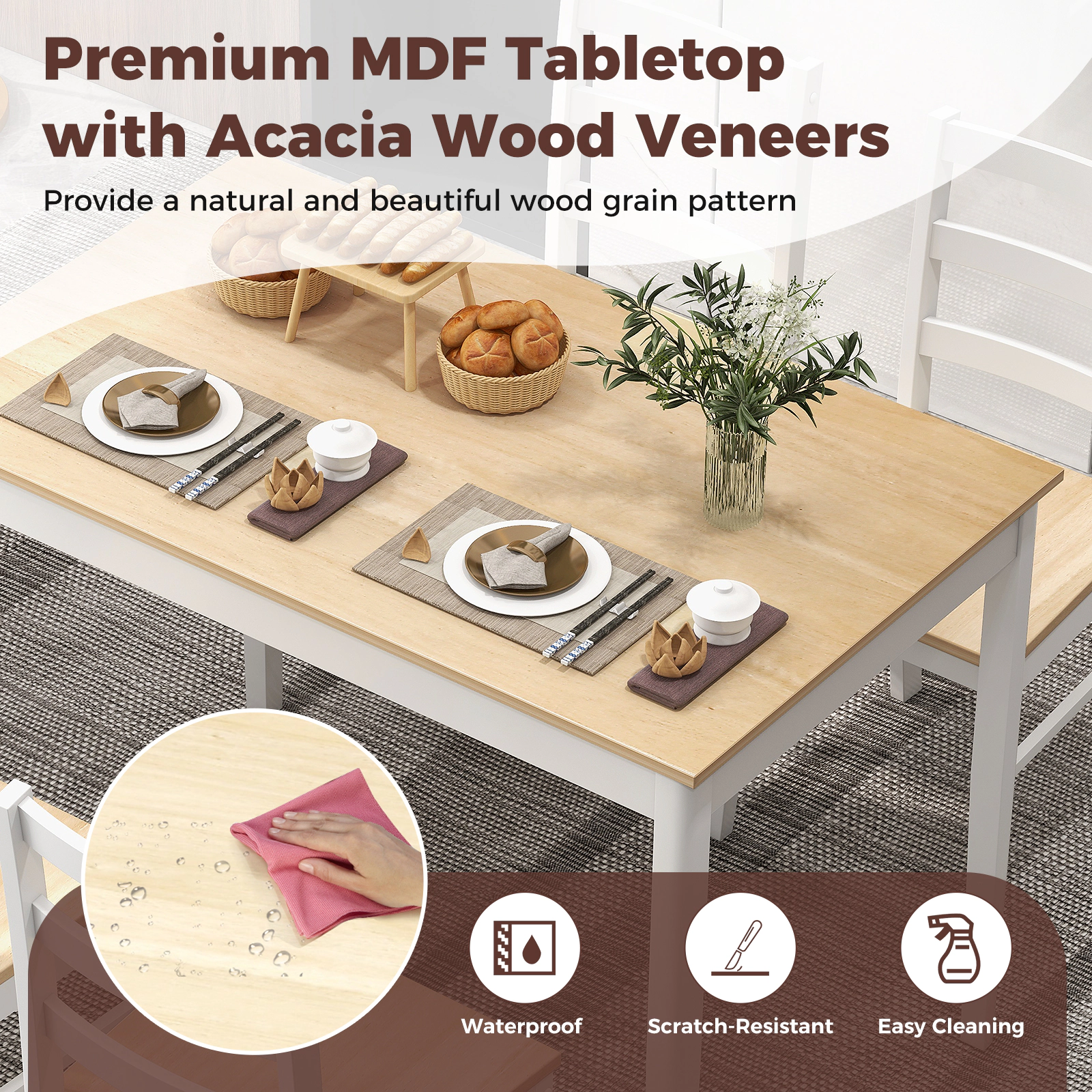 SUGIFT 5-Piece Wooden Dining Set with Rectangular Table and 4 Chairs 200/331-lb Capacity Natural and White