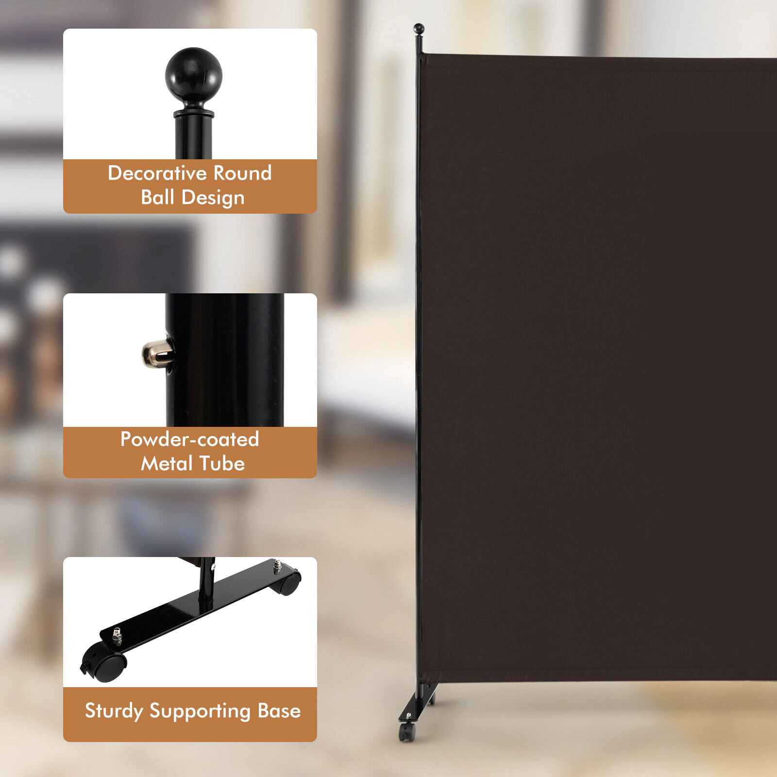 SUGIFT Single Panel Lockable Casters Metal Frame Rolling Room Divider 73-in x 12-in x 73-in 4 Wheels 9-lb Brown