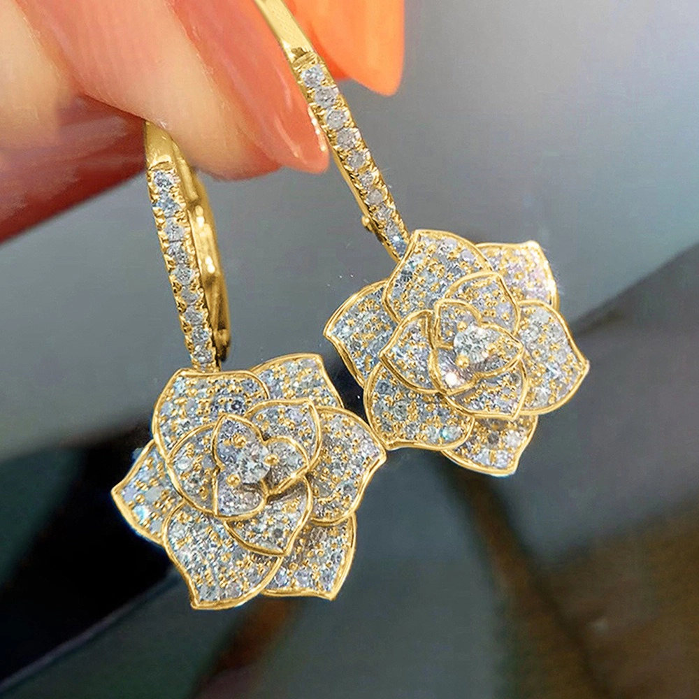 Luxury Camellia Flower Cubic Zirconia Dangle Earrings for Women