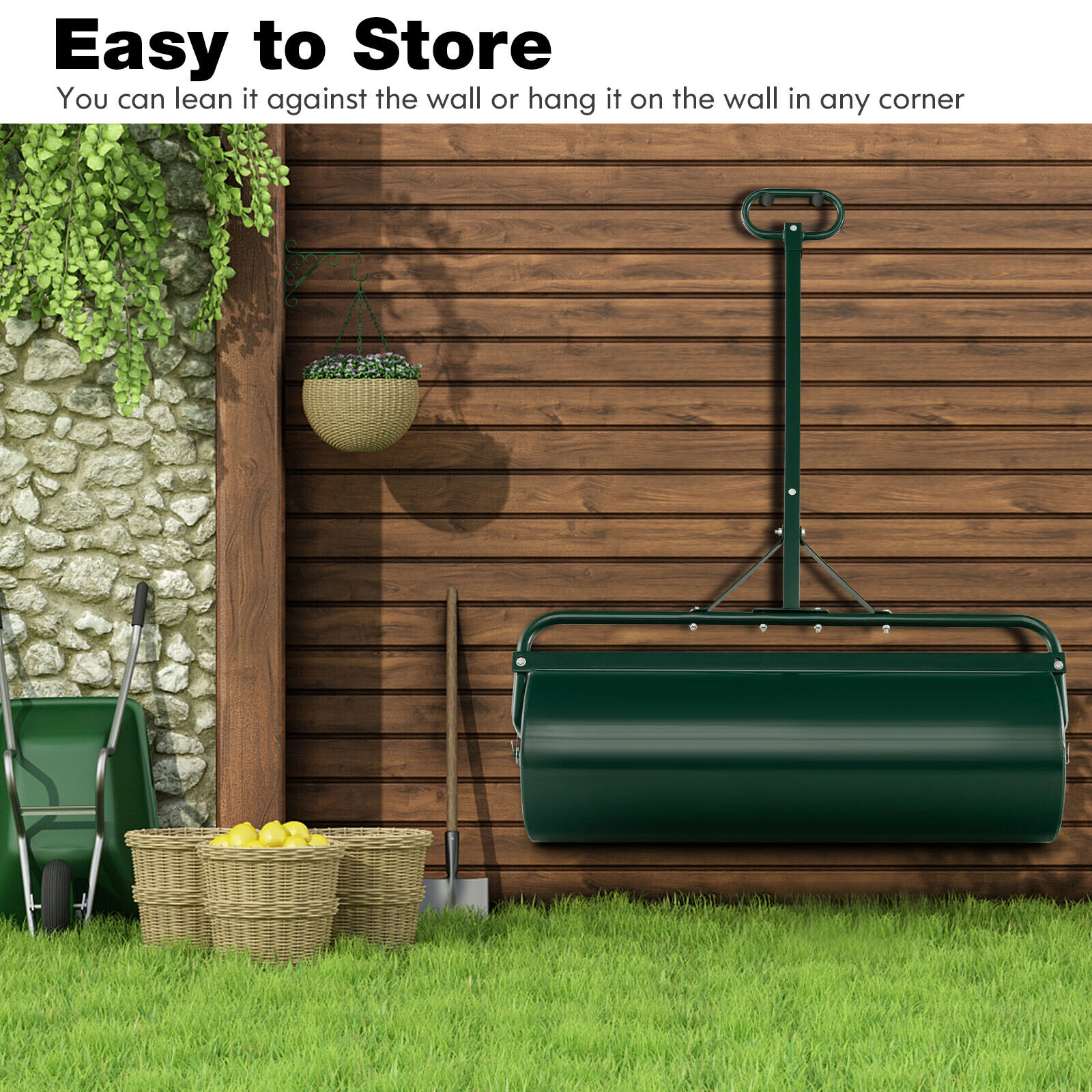 SUGIFT 17 Gallon Metal Lawn Roller Green with Detachable Gripping Handle