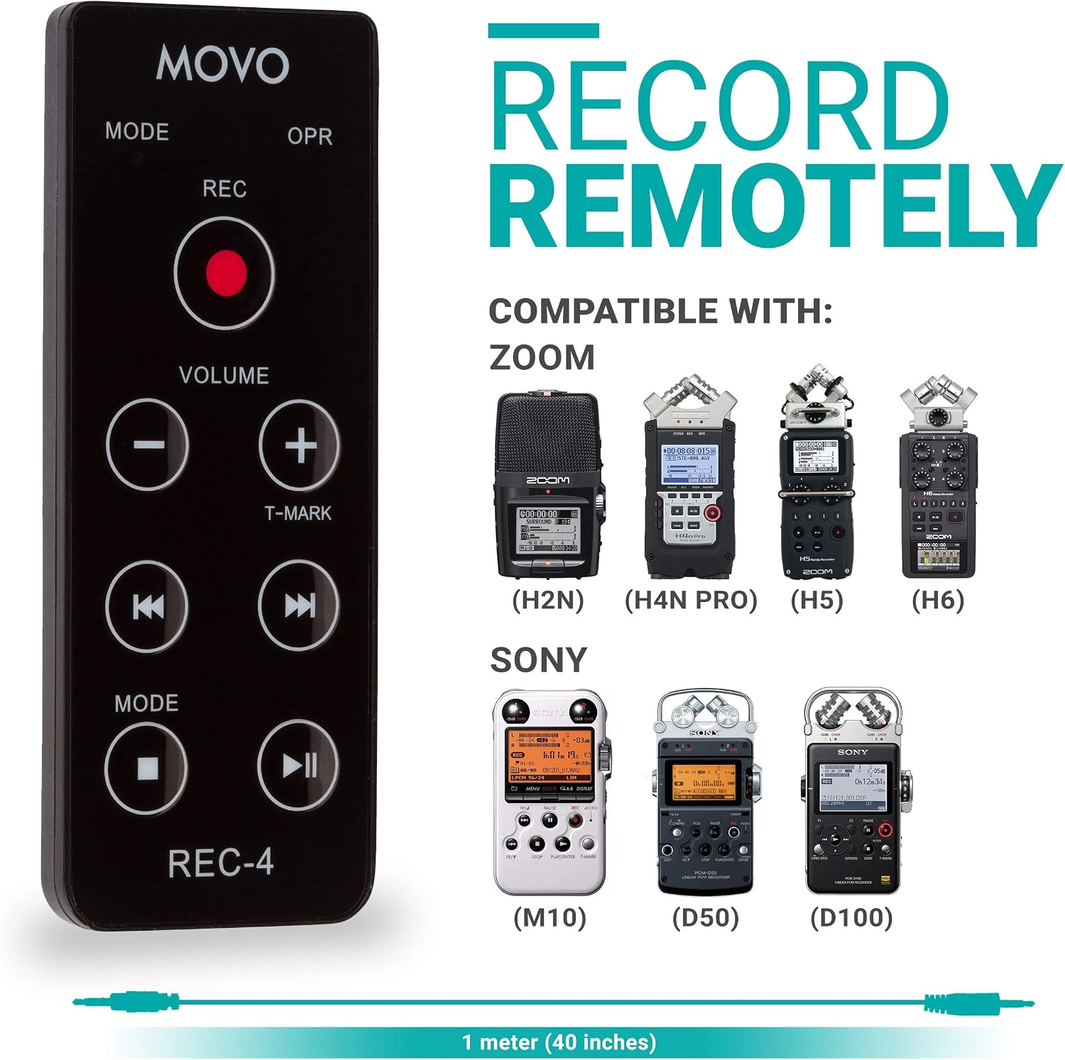 Movo REC-4 Wired Remote Control for Zoom H2n H4n Pro H5 H6 Portable Digital Handy Recorders
