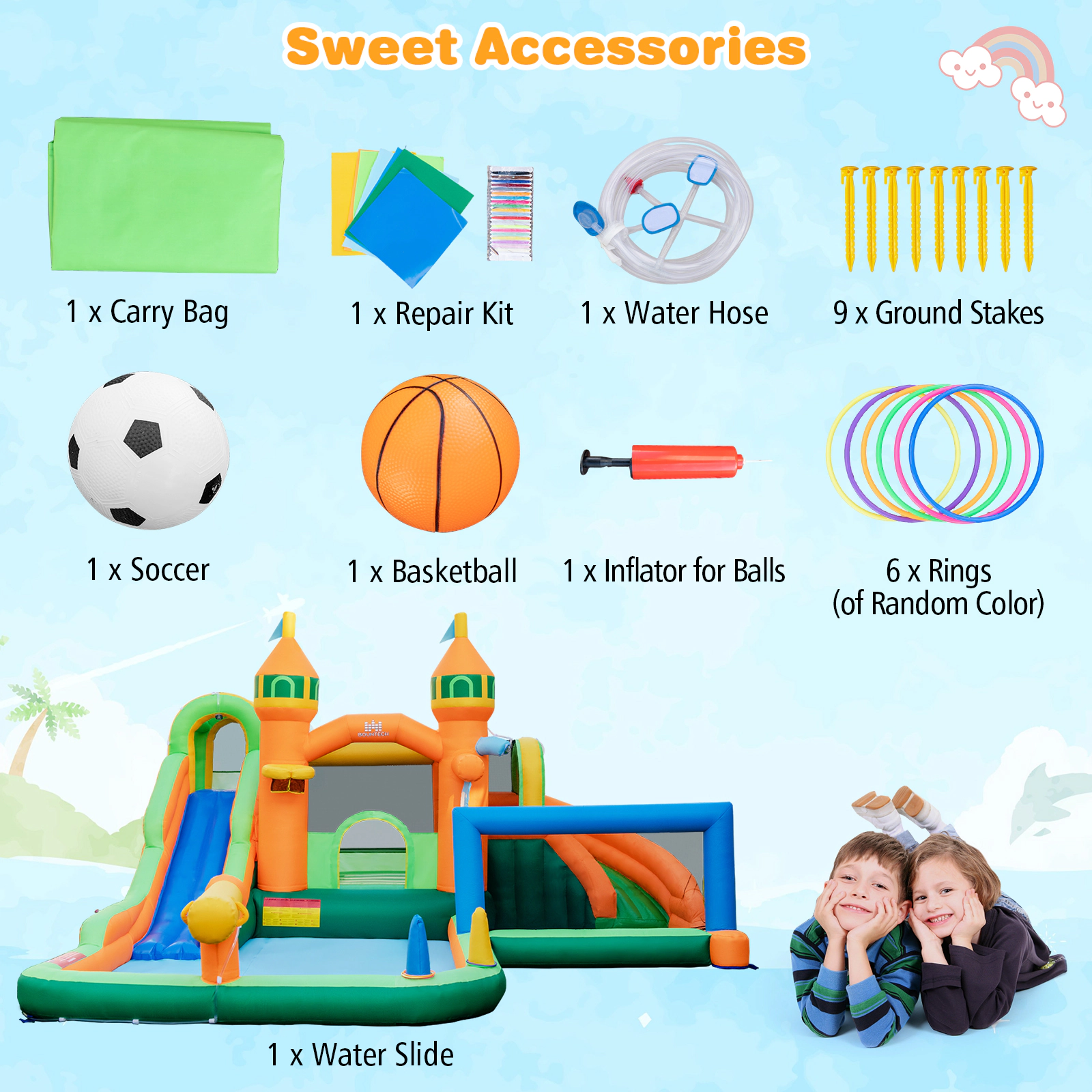 SUGIFT Kids Inflatable Water Slide with Two Pools Round Climbing Door and Basketball Hoop No Blower
