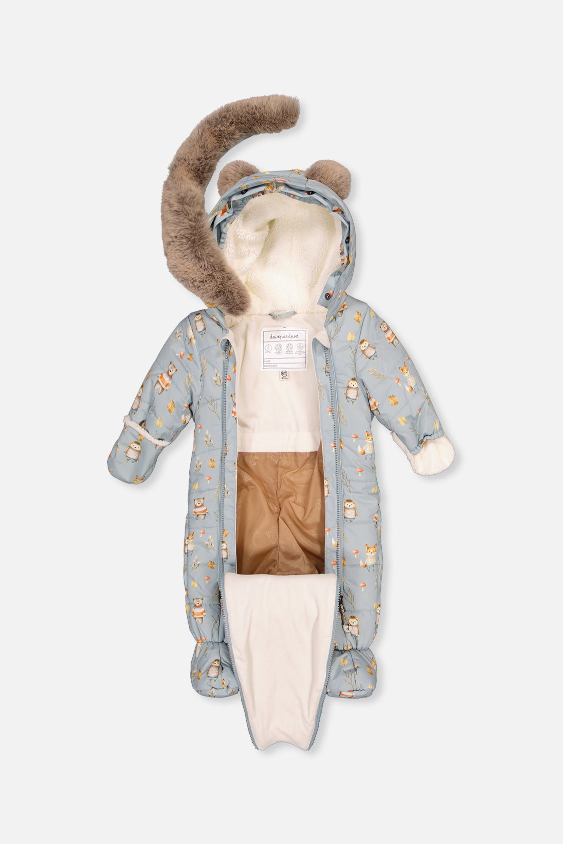 Deux par Boys Animal Print One Piece Snowsuit Adapted for Car Seats with Bear-Ear Hood