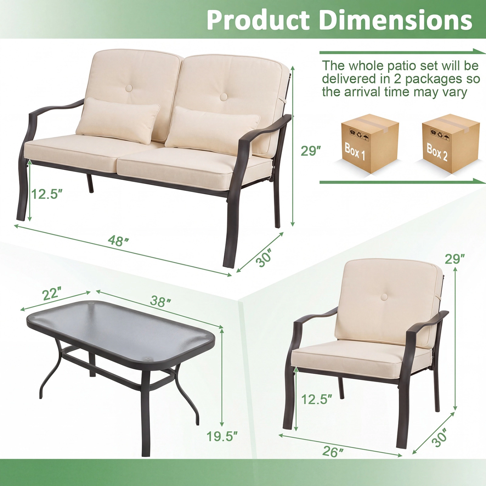SUGIFT 2-Piece Patio Metal Chairs with Seat and Back Cushions 330-lb Capacity Black Frame Gray Cushions Beige