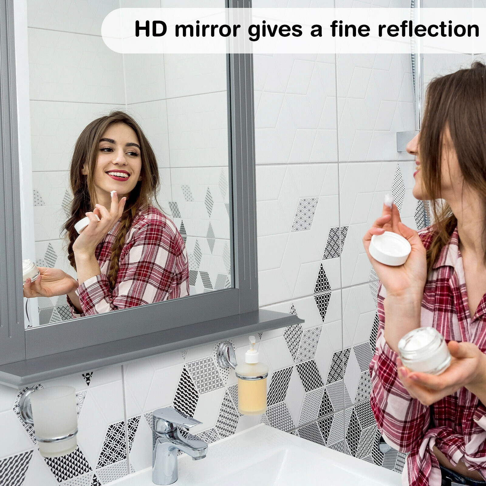 SUGIFT Gray 22.5-in x 27-in Wall Mounted Bathroom Vanity Mirror with Shelf and Grooved MDF Frame