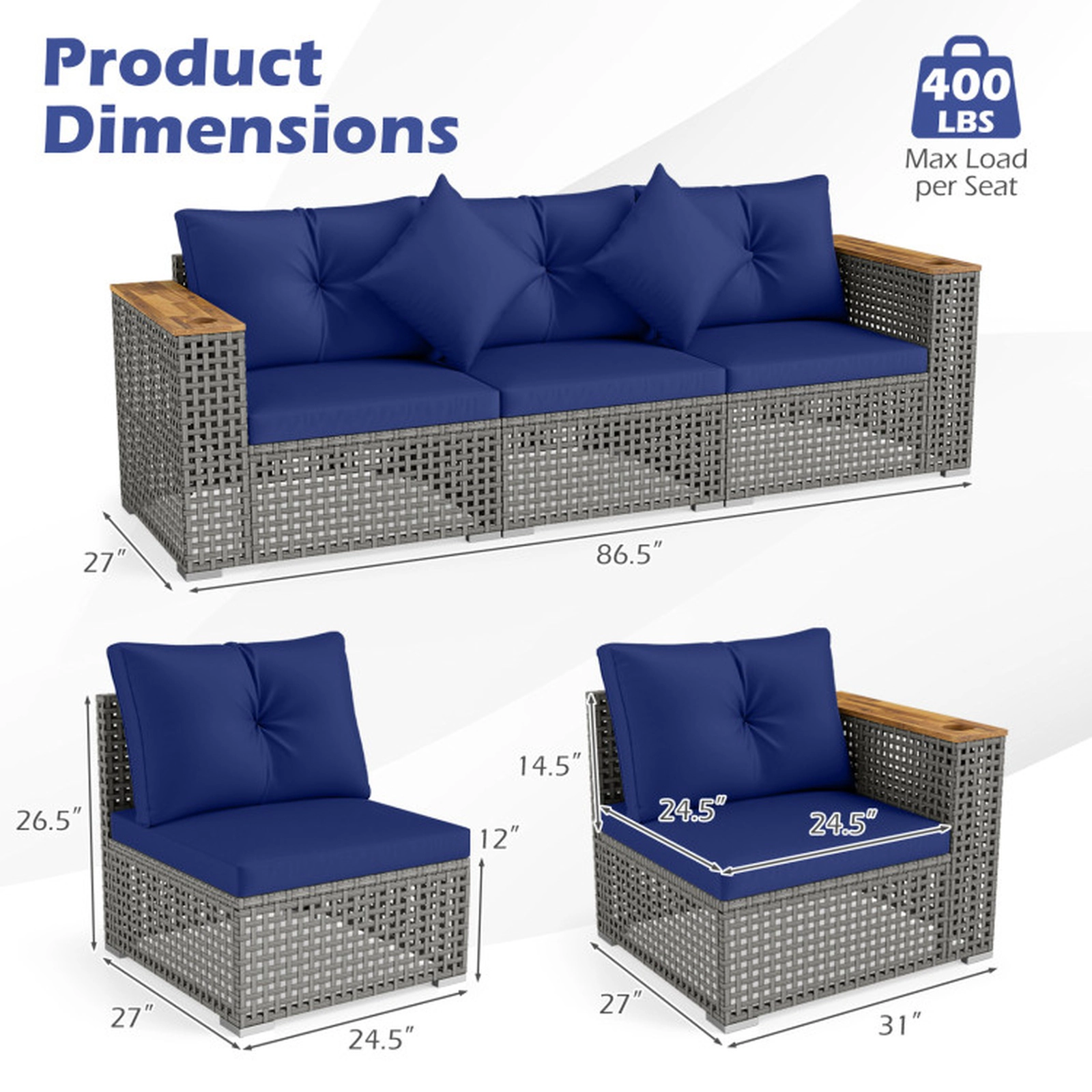 SUGIFT 3-Piece Modular Patio Wicker Sectional Sofa Set 1 Armless 2 Corner Sofas 400-lb per Seat 86.5-in Wide Navy