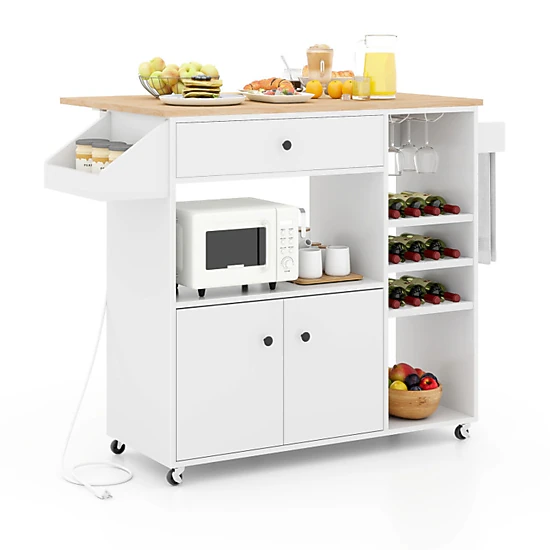 SUGIFT White Drop Leaf Mobile Kitchen Island with Power Outlet and Adjustable Shelf 51-in W 15.5-in D 110-lb Top