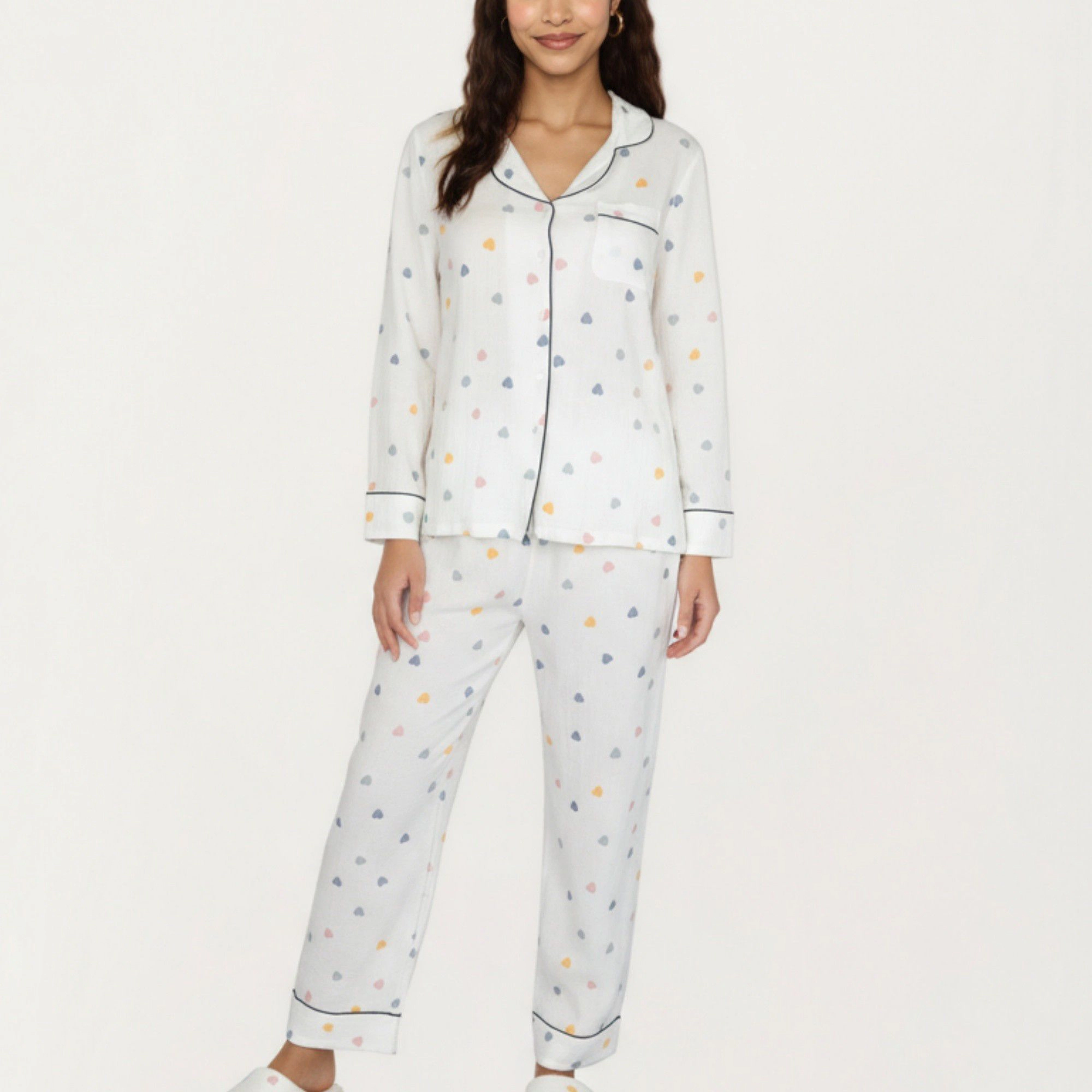 Anna-Kaci Women's 2-Piece Valentine Set Long Sleeve Button Front Top and Relaxed Fit Pants Pajama Set with Heart Print